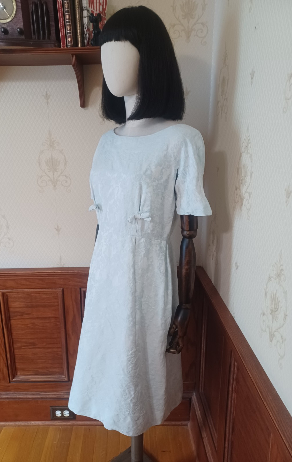 Vintage 1950s/60s Mid-century Ice Blue Jacquard Satin Bombshell Cocktail Dress