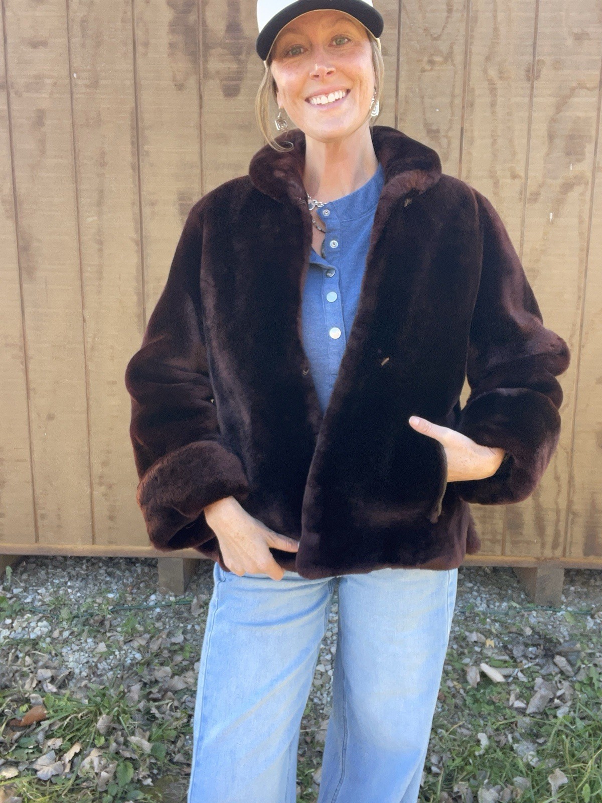 True Vintage Brown Fur Retro Style, Very Warm w/ Polka Dot Liner Womens Med Lg