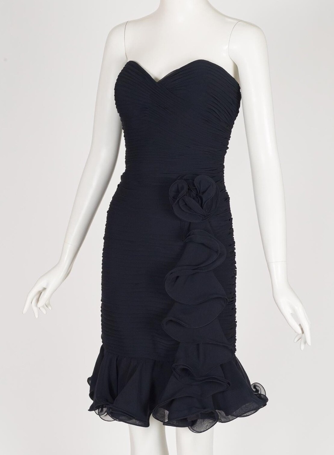Frank Usher 1980s Vintage Black Pleated Chiffon Bustier Cocktail Dress Sz XS