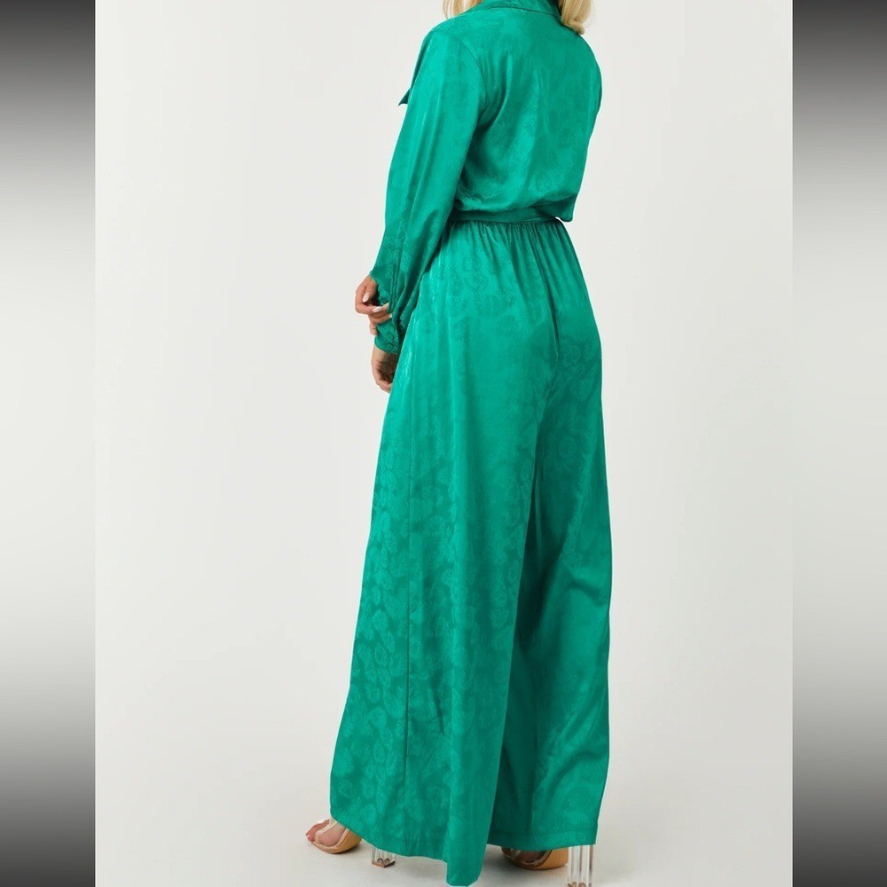 Flying Tomato Jade Leaf Jacquard Long Sleeve Satin Wide Leg Jumpsuit S, M, L