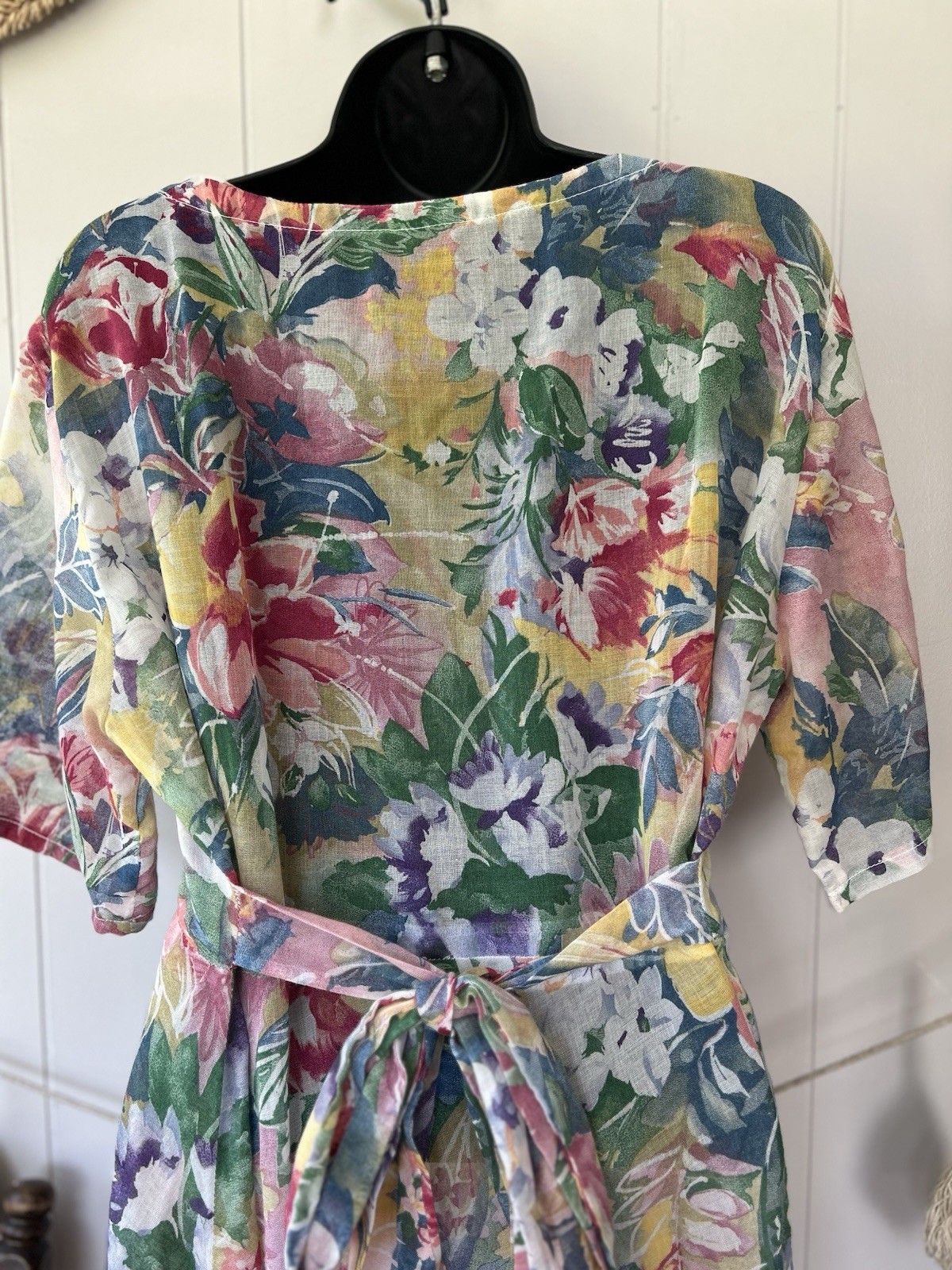 Vintage 90s Watercolor Floral Maxi Dress Sheer Chiffon Kimono Sleeve Boho M L