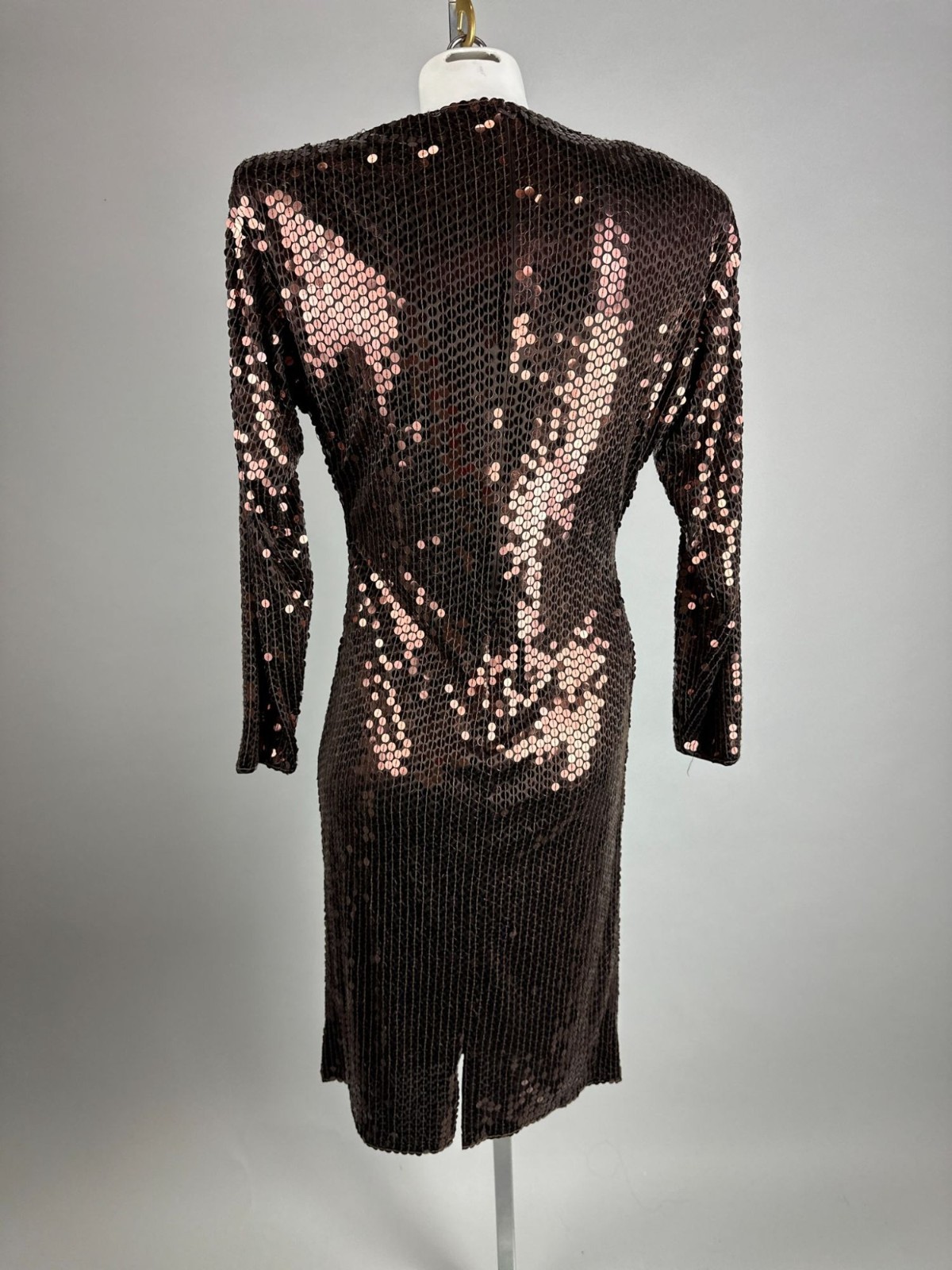 Vintage 80s Oleg Cassini Sequin Dress Brown Bronze Copper Long Sleeve Dynasty 8