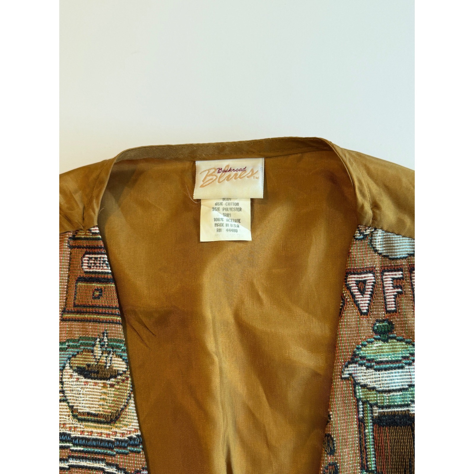 Vintage Backroad Blues Coffee Tapestry Vest Brown Espresso French Press 90s USA