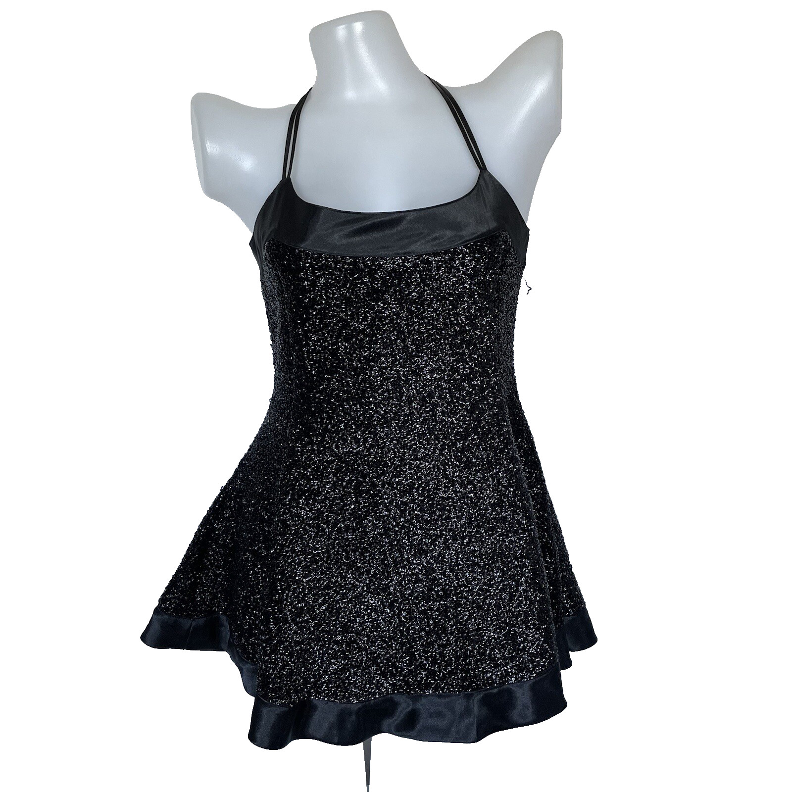 80s vtg VICTORIA&rsquo;S SECRET Black METALLIC Metal Mini Dress Slip LBD NYE y2k P S