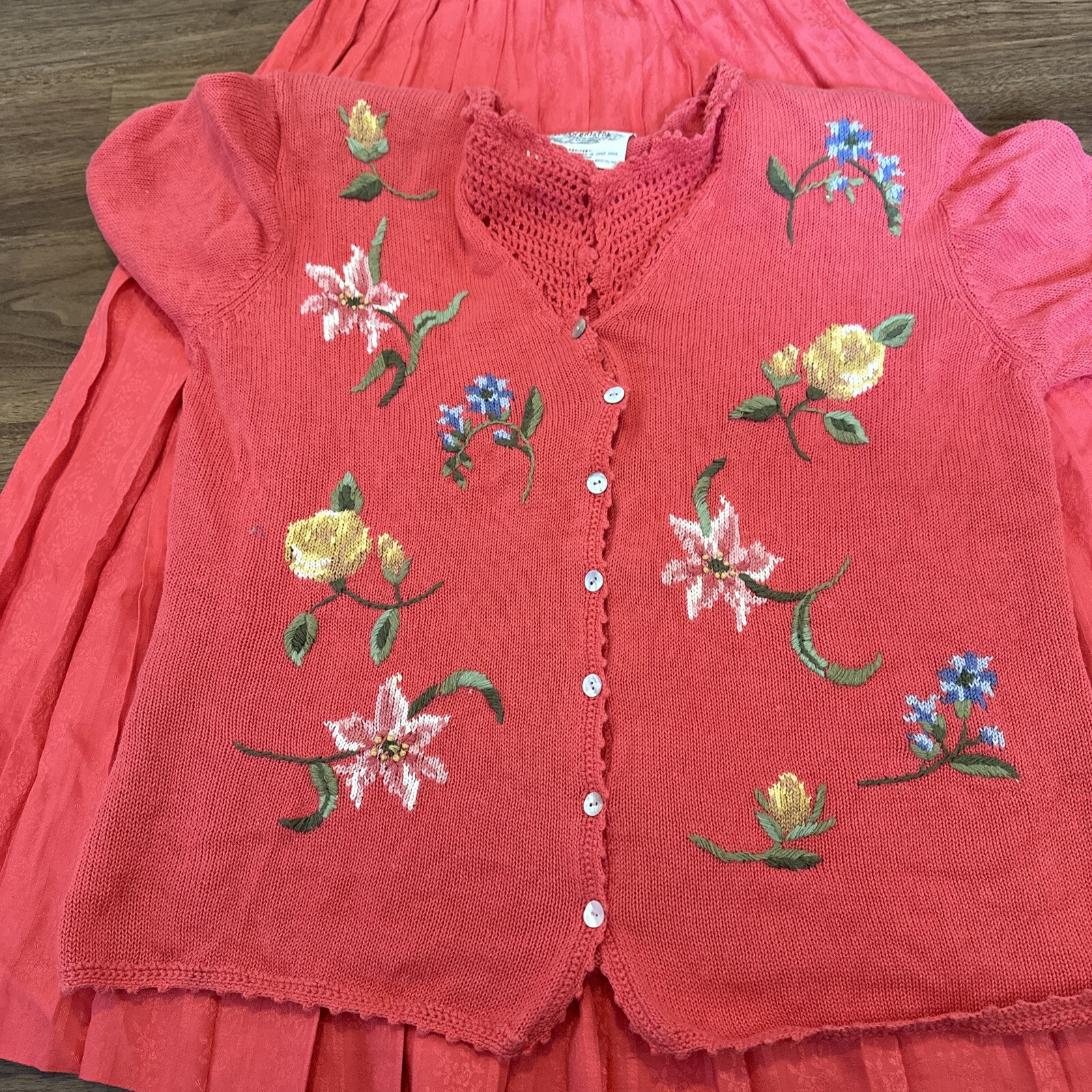 Vtg Susan Bristol Hand Embroidered Sweater Skirt 2 Piece Floral L Petite Med LG