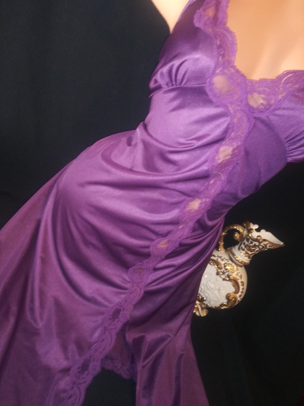 Vtg Silky High Slit Gown Nightgown Dress Wedding Sissy Purple Gown Wedding Night