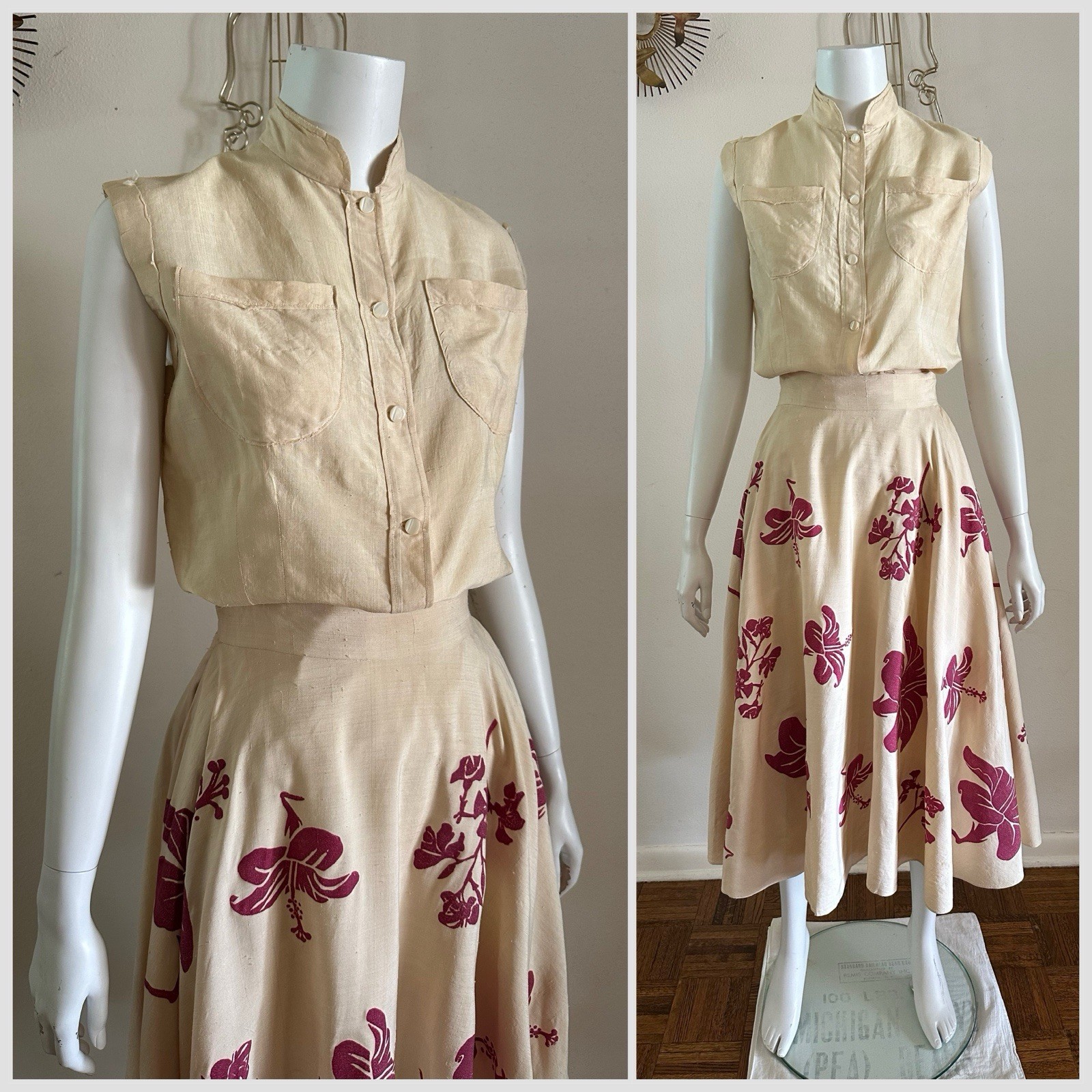 1950s Hawaiian Resortwear 2 Pc Silk Shantung Set Hibiscus Print Circle Skirt VTG