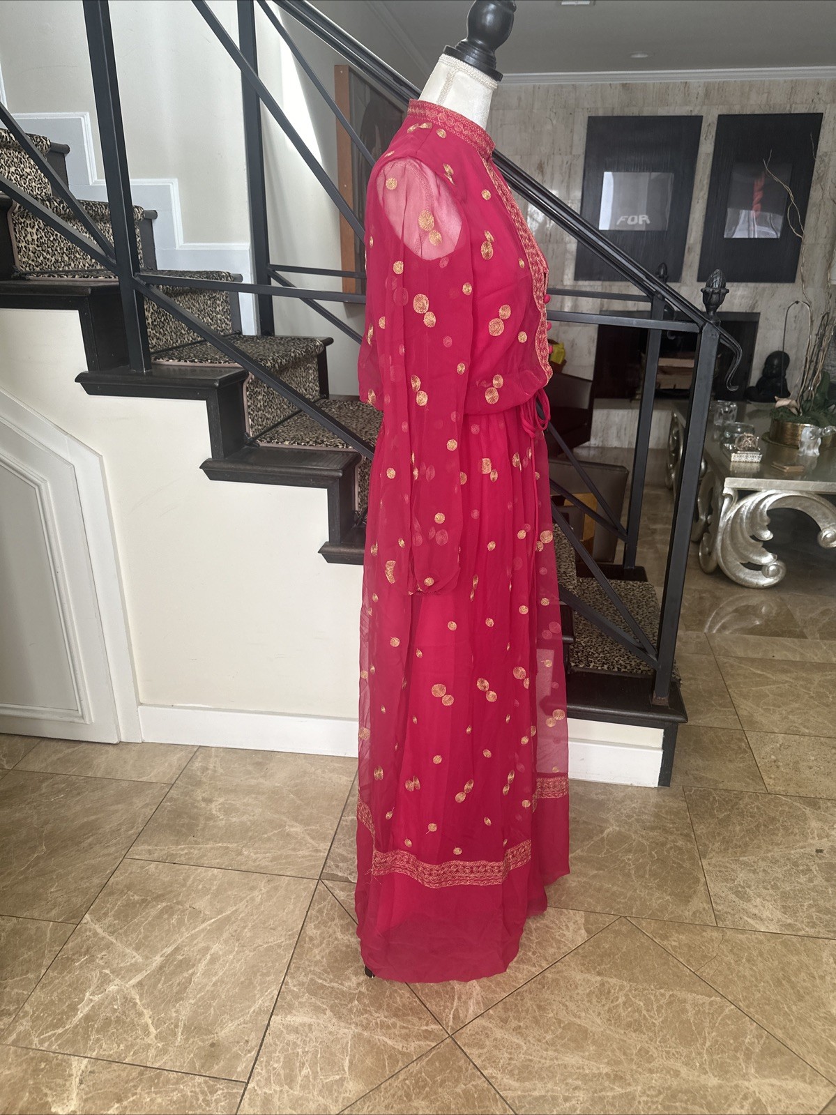 Jack Bryan NWT 70s Raspberry Pink Voile & Gold Embroidery Blouson Maxi Dress S