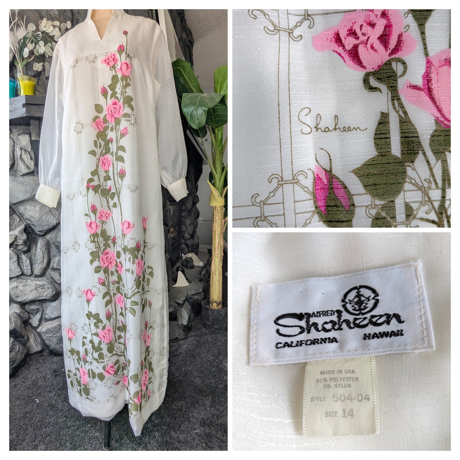 Vtg Alfred Shaheen Calif Hawaii Dress Kaftan Pink Sz 14/L Signed Sheer Sleeves