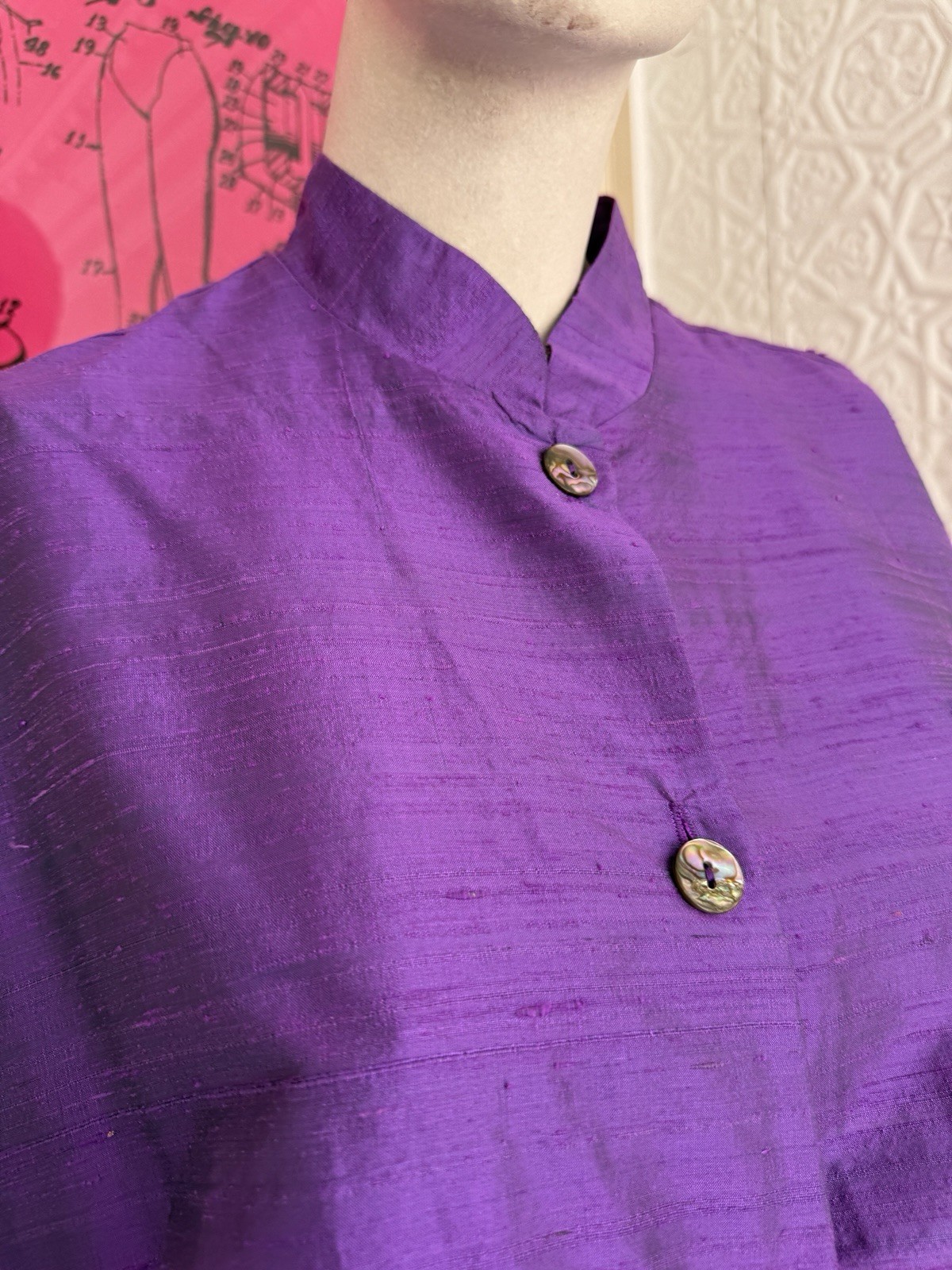 Vintage 1990s silk blouse purple mandarin collar minimalist art to wear Gerties