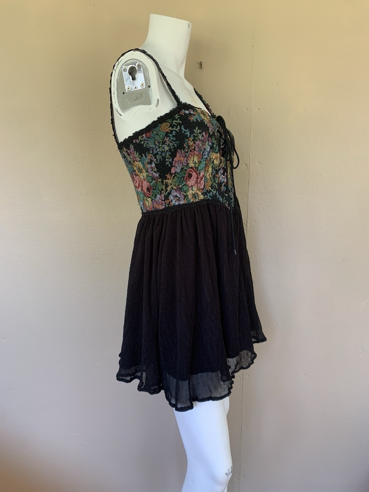 Vintage 90s Corset Tapestry Bust Mini Dress | Y2K Spaghetti Strap Babydoll Dress