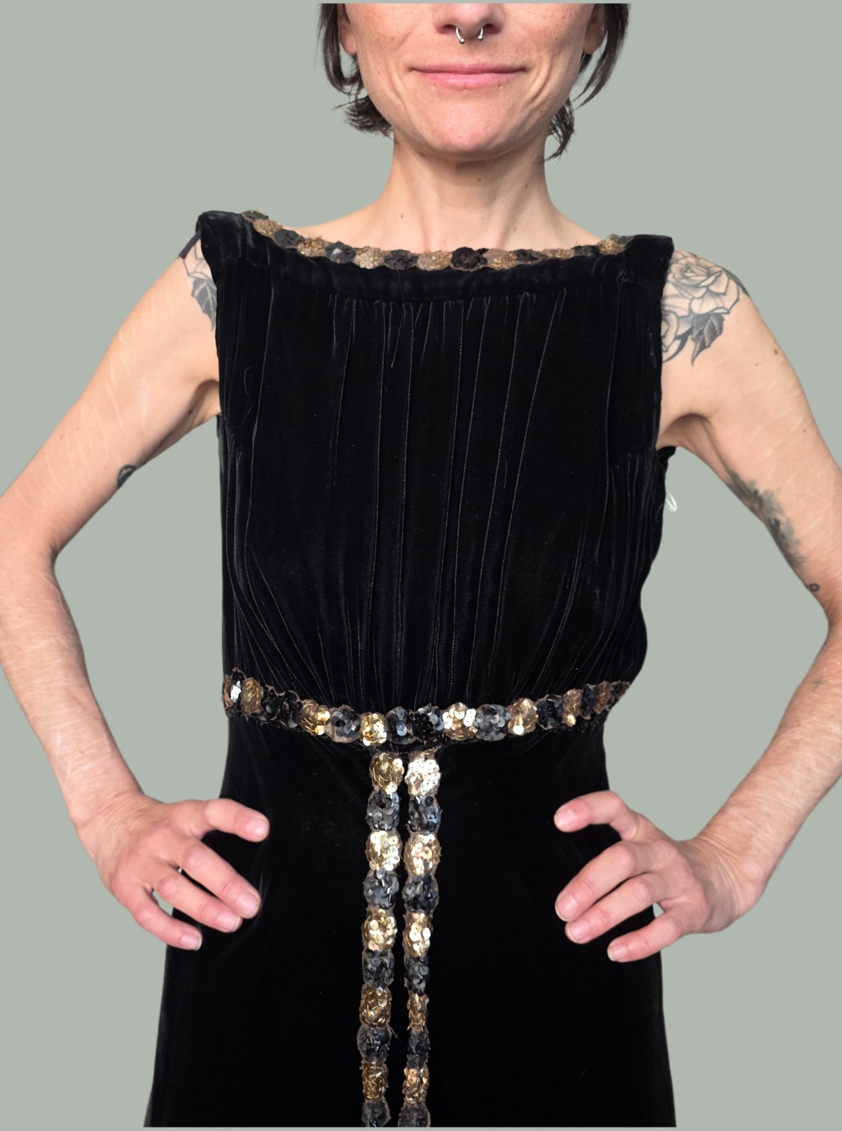 Authentic 1930s Black Velvet Evening Gown | Sequin Trim & Sash | Old…