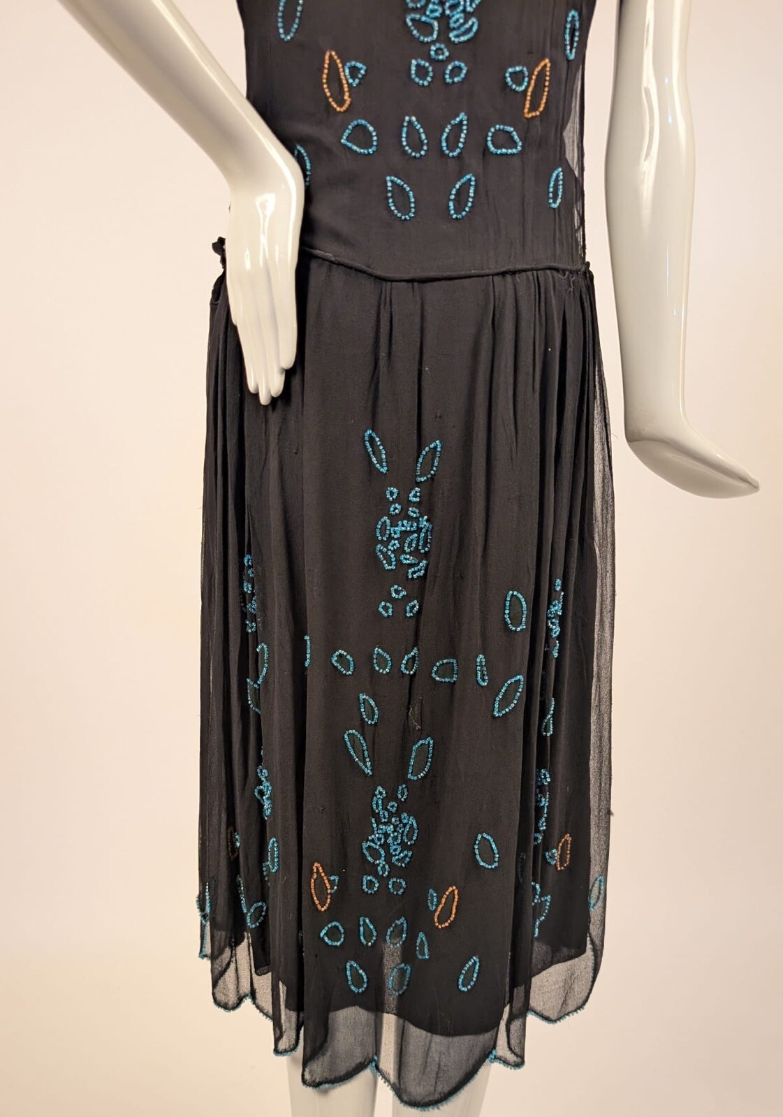 FLAPPER 1920’S SHEER SILK CHIFFON DRESS W BLUE GLASS BEADING