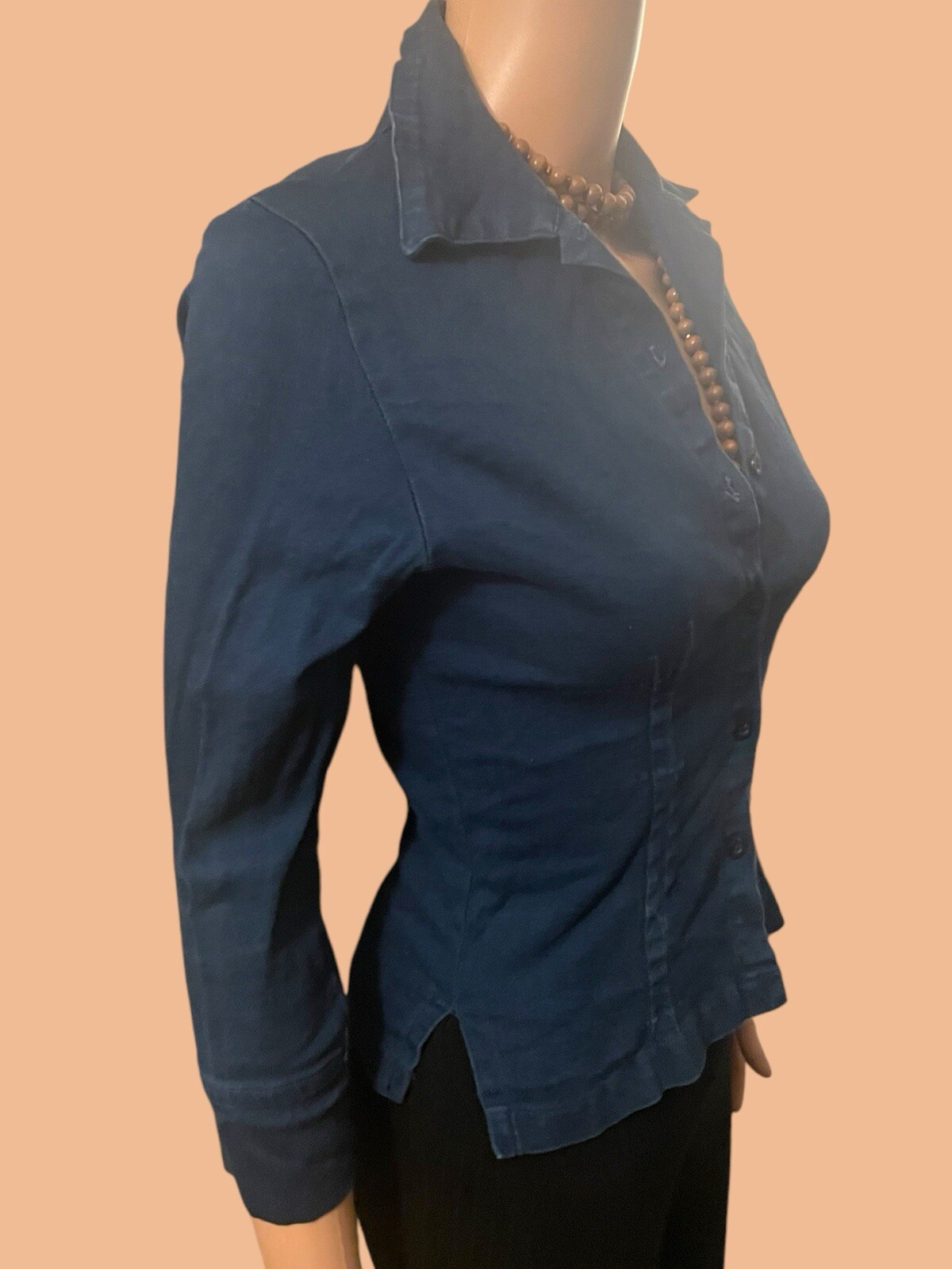 Vintage Top Fitted Denim Shirt Rare 90s Stretch Denim Button Up Blue Size Small