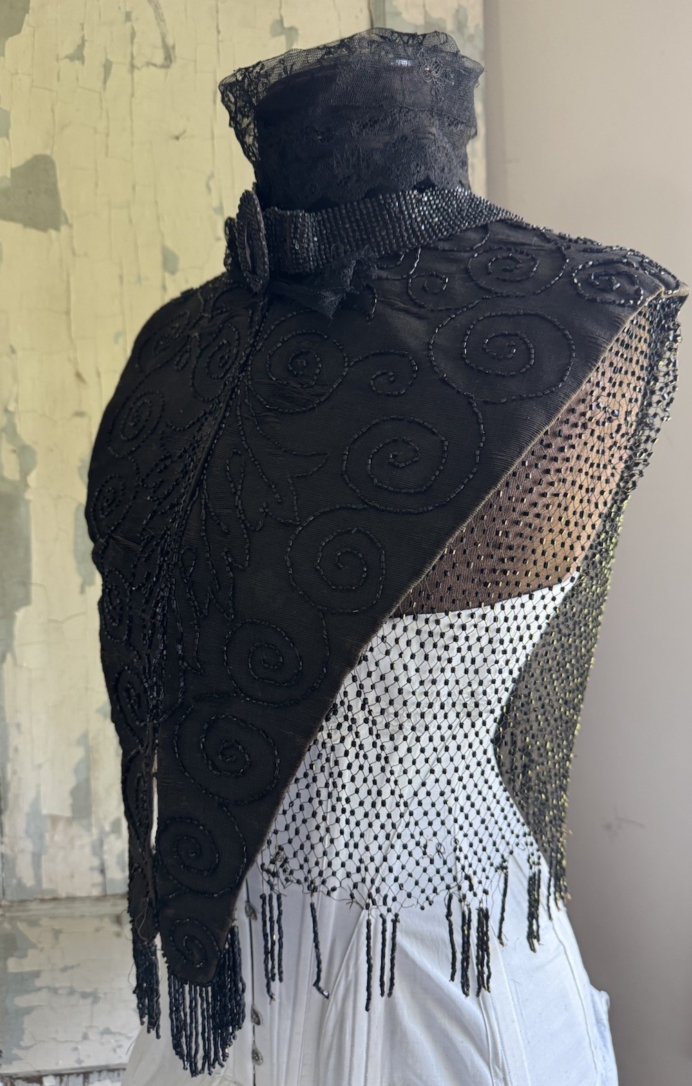 Black Beaded Victorian Capelet 21” Authentic Antique 1800s Great Display Gothic