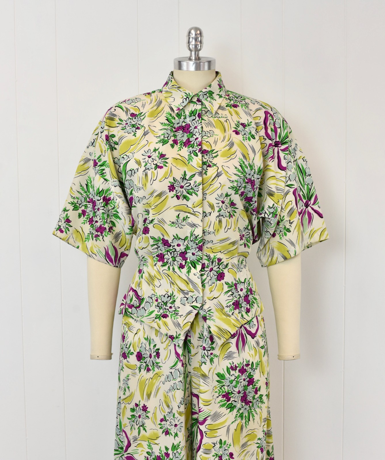 Vtg 1980s Norma Kamali Floral Ribbon Novelty Print Blouse Palazzo Pants Set