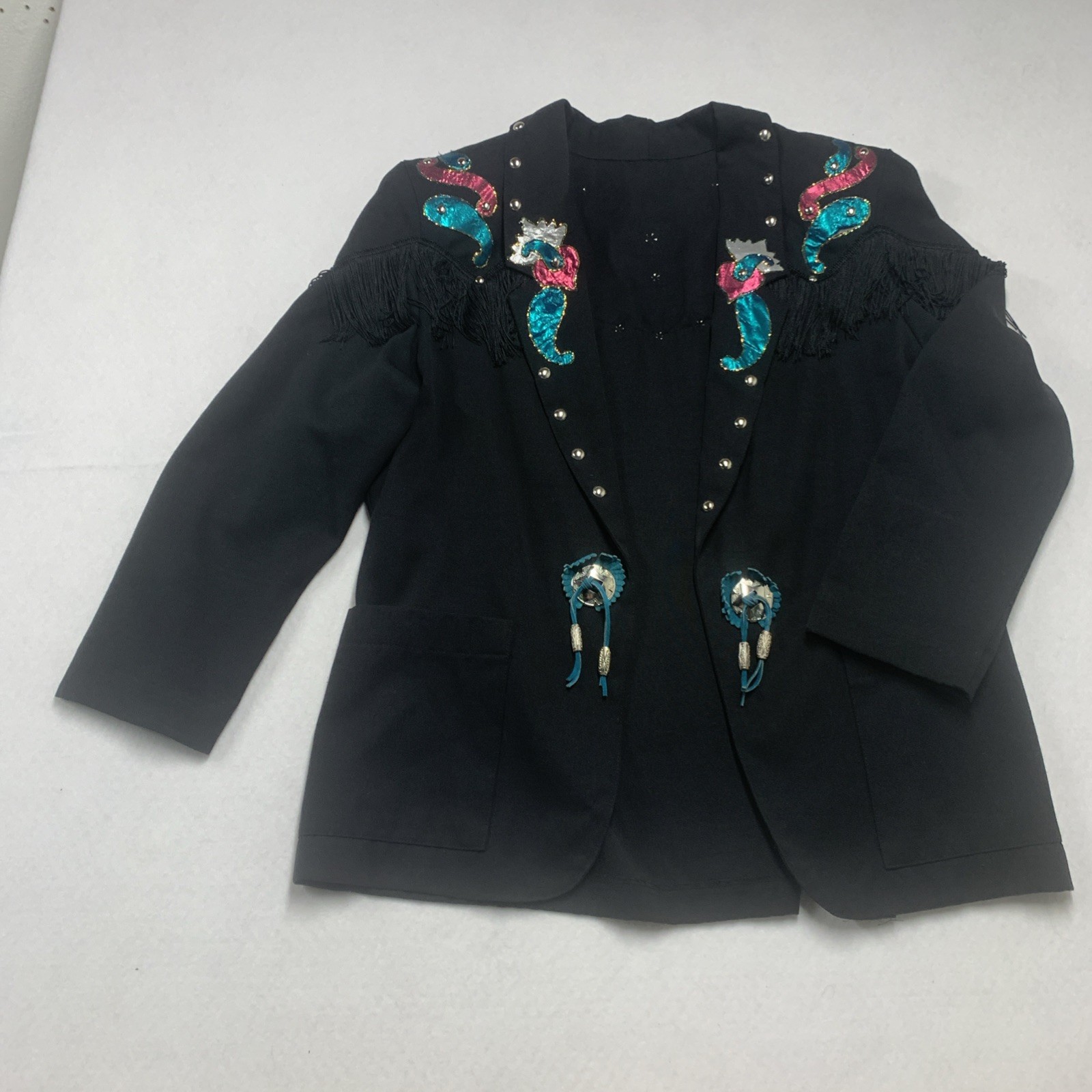 Vintage 80s Black Western Blazer Fringe Sequin Appliqué Bolo Women XL Stage