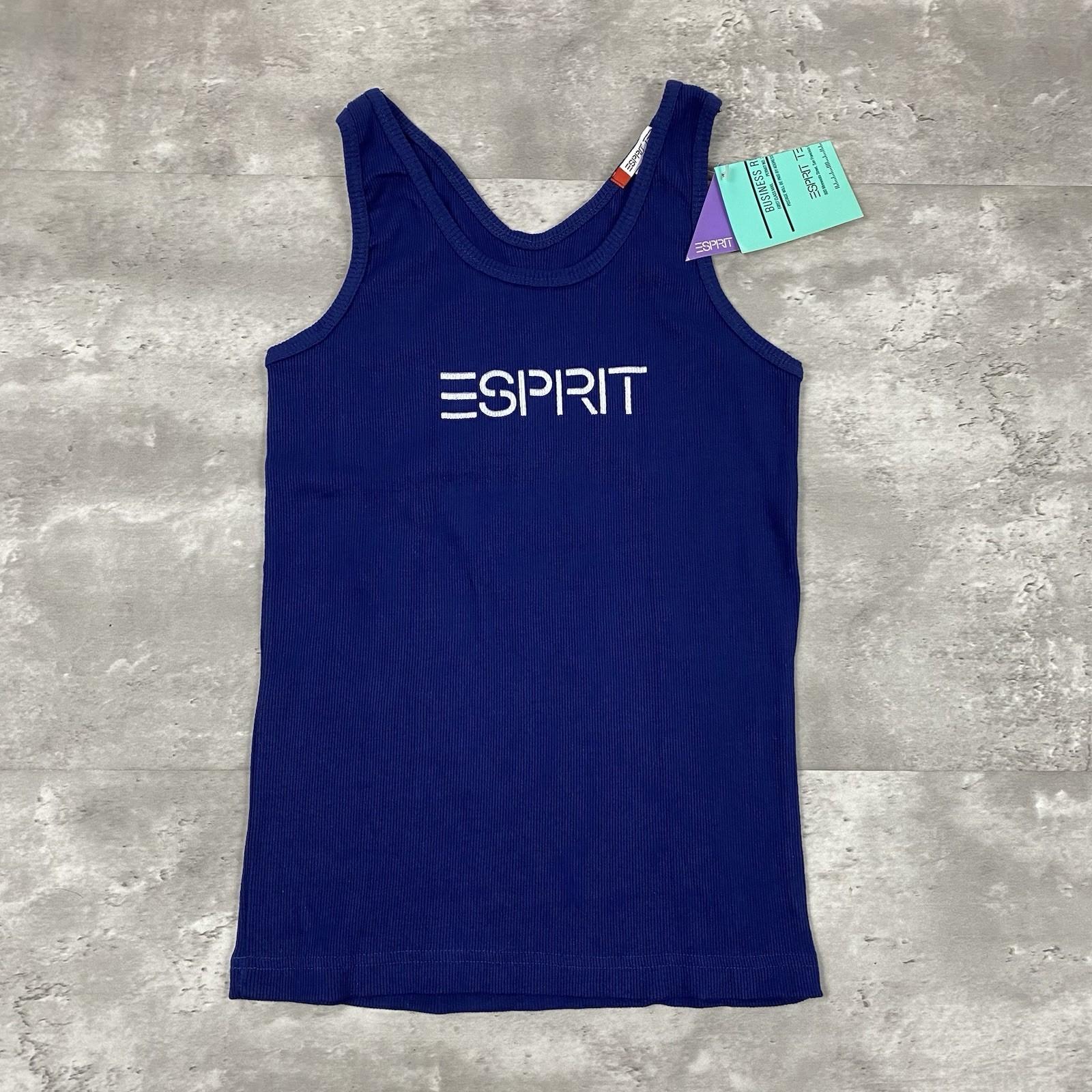 vintage 90s ESPRIT TEENS logo rib knit tank top L navy blue cotton