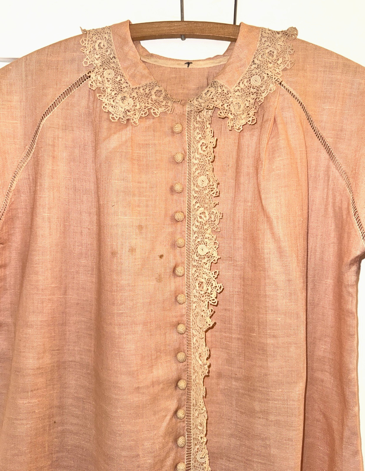 Vtg Antique Peach LINEN + LACE Button-Up Blouse MINI DRESS Robe 29&Prime; Victorian