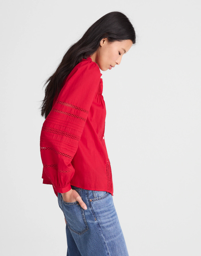 NWT Madewell Lace-Insert High-Neck Pintuck Top