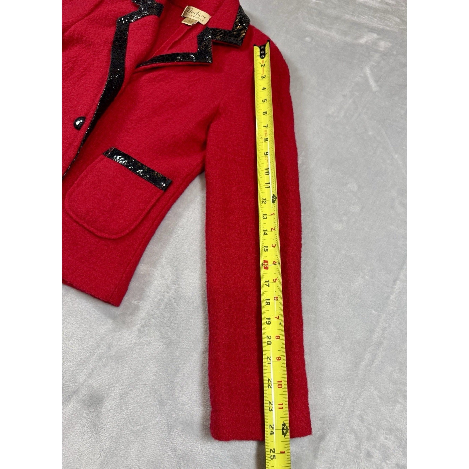 Vintage 1980s Red Wool Jacket Black Leather Trim Boutique Essentials Small