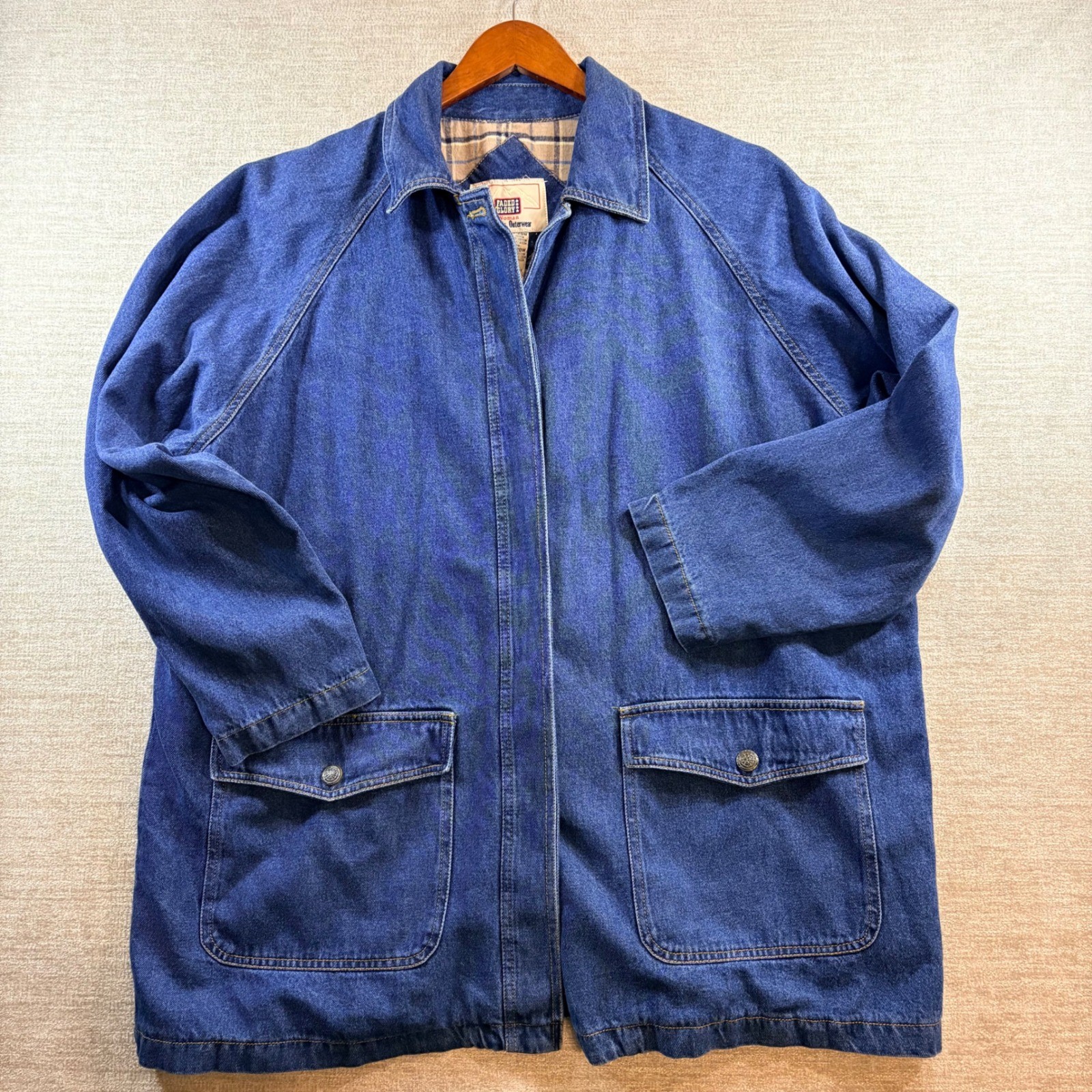 Vintage Faded Glory Denim Barn Jacket Plaid Lined Chore Coat Blue Womens 18W 20W