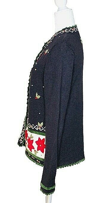 Vintage Christmas Reference Point Sweater Size S Snap Closure Poinsettia Holly