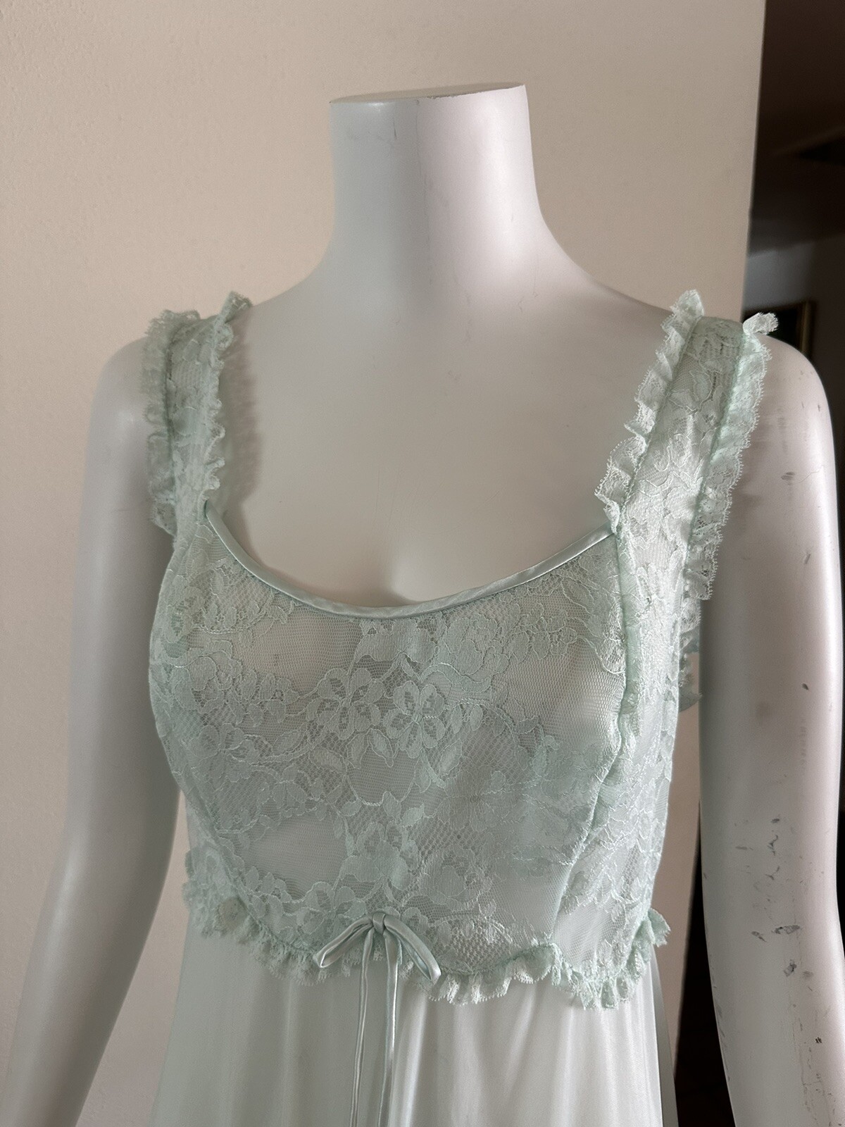 1960s Vanity Fair Mint Green Nylon Tricot Lace Nightgown Slip Dress Negligee VTG