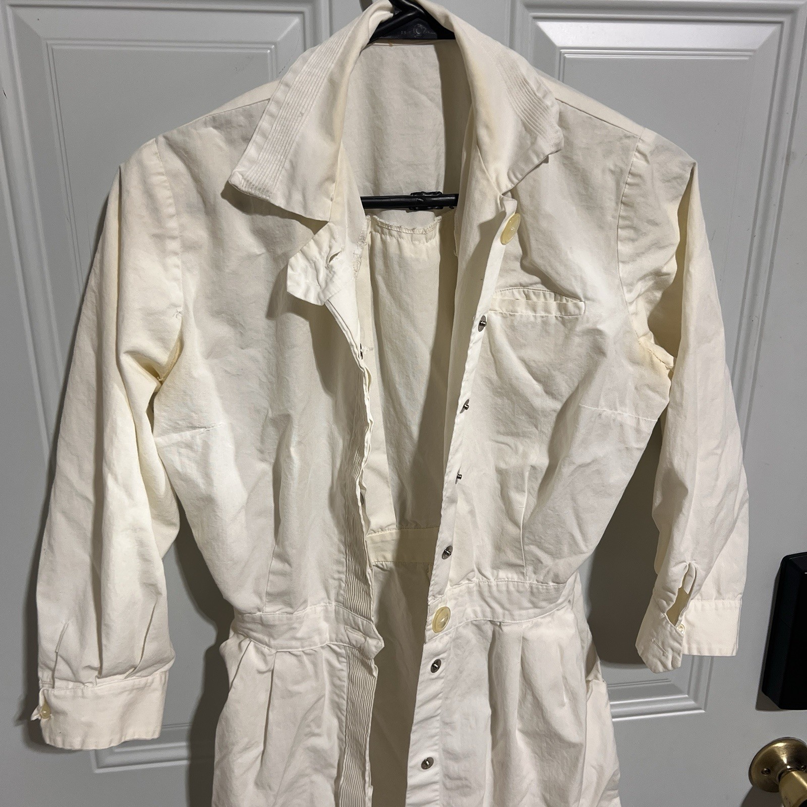 Nurse Uniform White Button Snap Front Dress Thin Vtg 1960s Medium Small *SPOTS*
