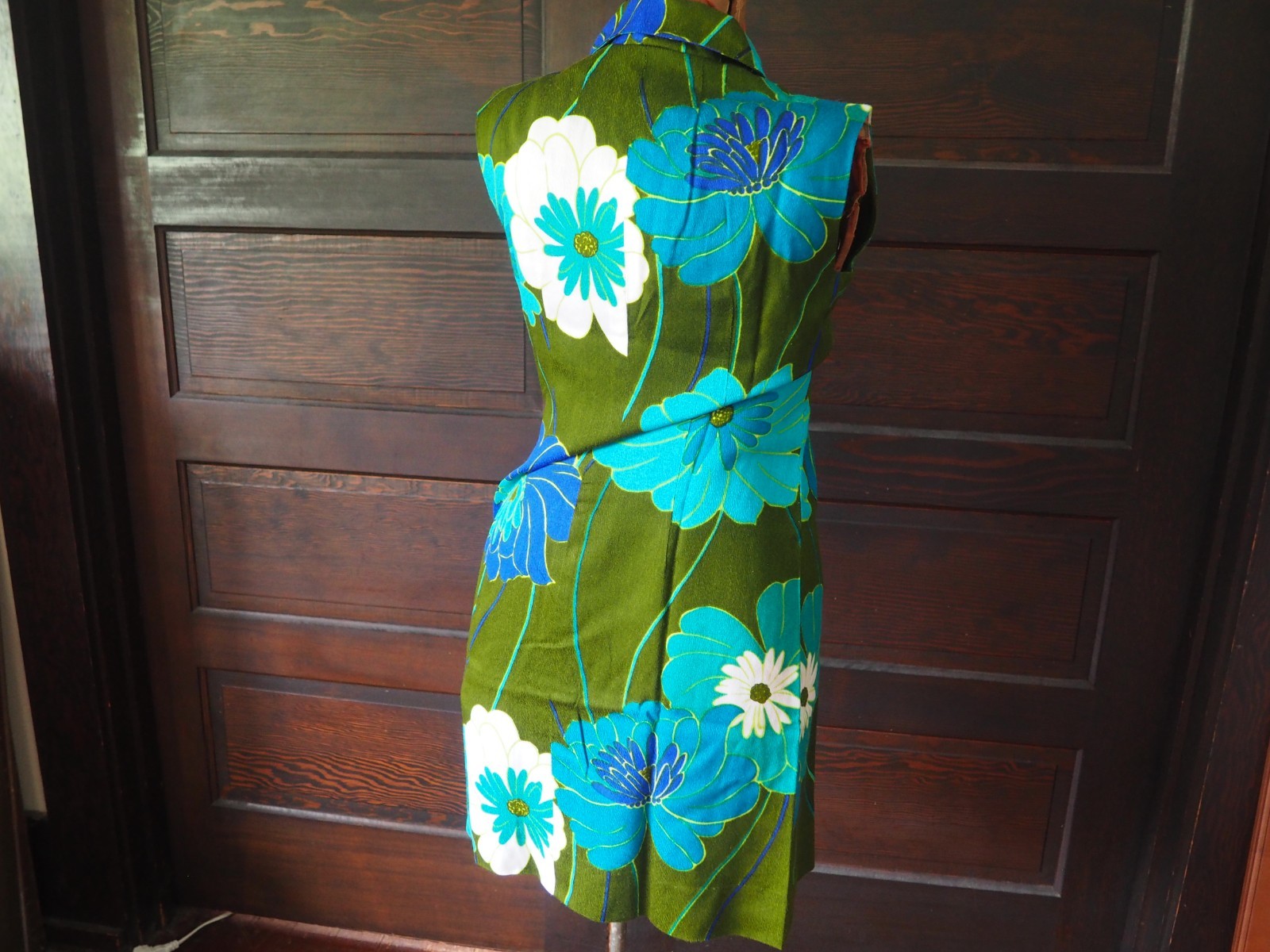 VTG 60s 70s Brown Blue Floral Boho Hippy Midi Retro Mod Dress Womens S