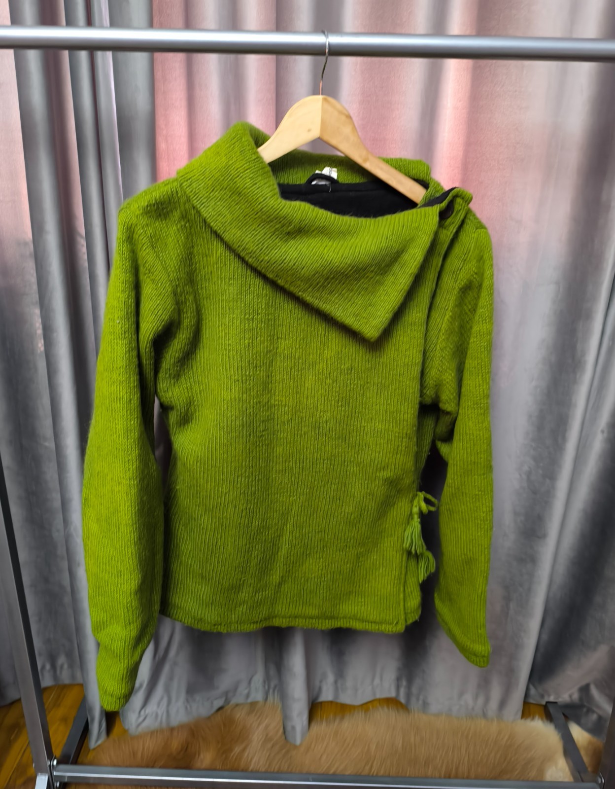 Vintage 100% Wool Green Cardigan Jacket Handmade Nepal Boho Lined L