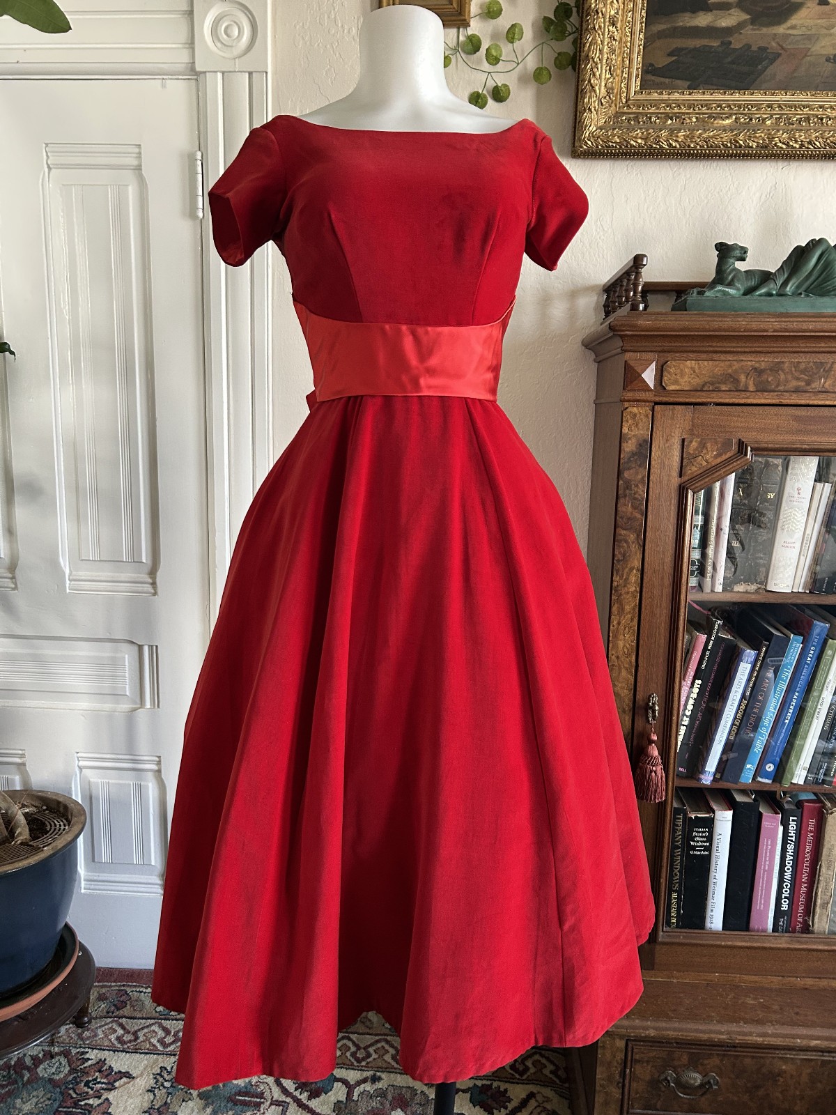 Vintage 1950s Ruby Red Velvet Party Dress Satin Sash Full Skirt XS Formal Bow