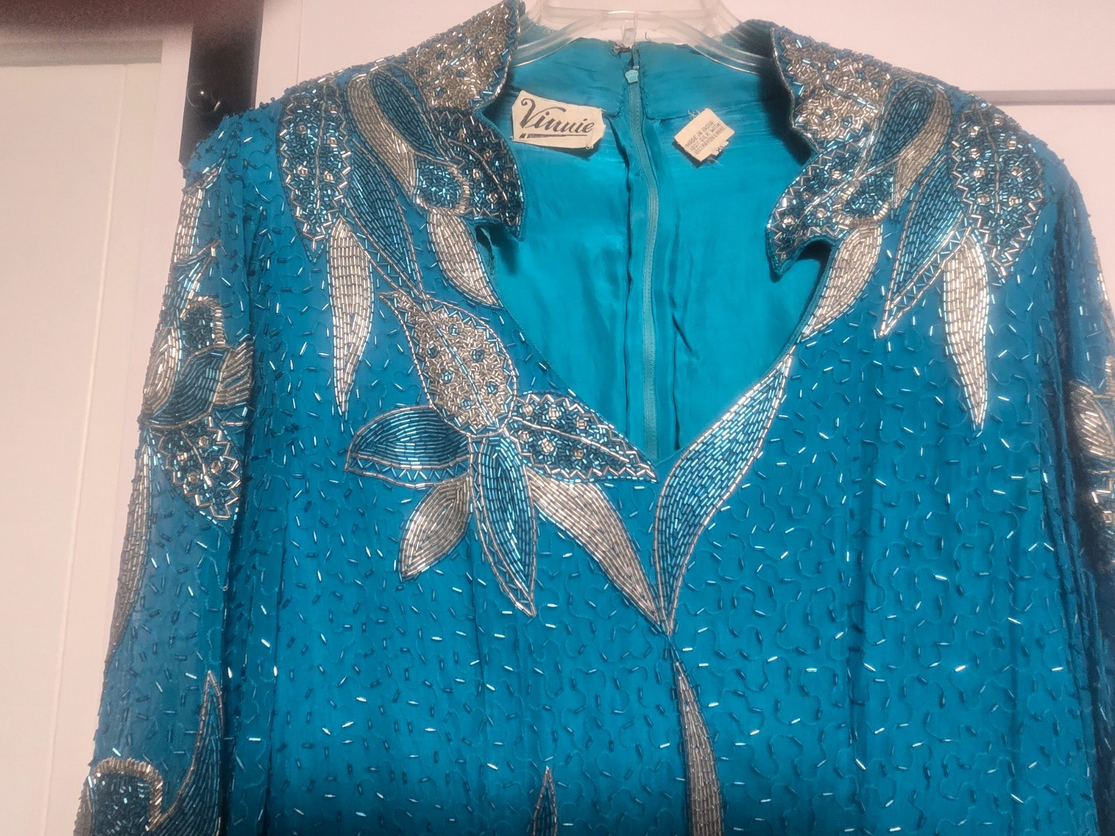 Vintage VINNIE Long Green, Teal, Silk Beaded Dress size XL