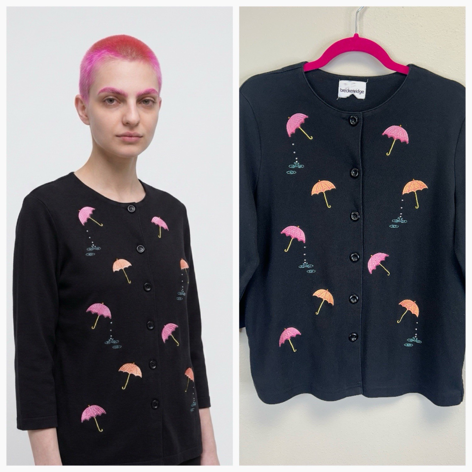 Vintage 90s Umbrella Embroidered Button Up Shirt Size L Petite Black Quirky Fun