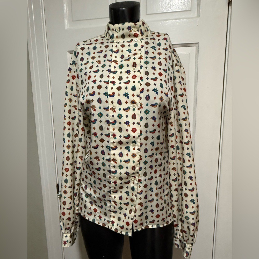 Womens Vintage Long Sleeve Floral Bird Button Down Shirt 1980s 1990s