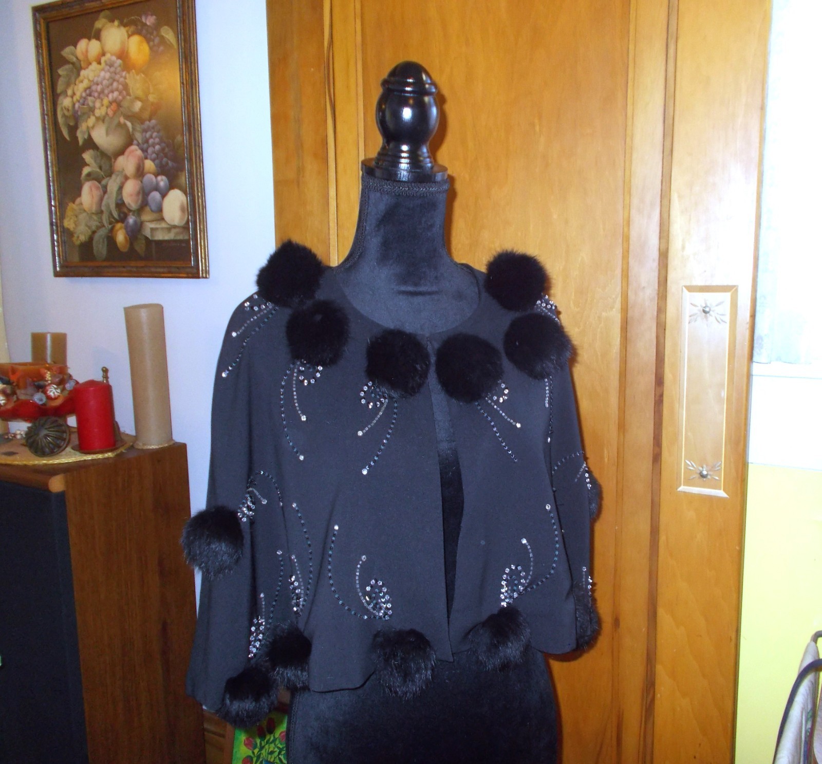 Vintage Nina Massini Beaded Embroidered Black Cape Jacket W/Rabbit Pompoms 14