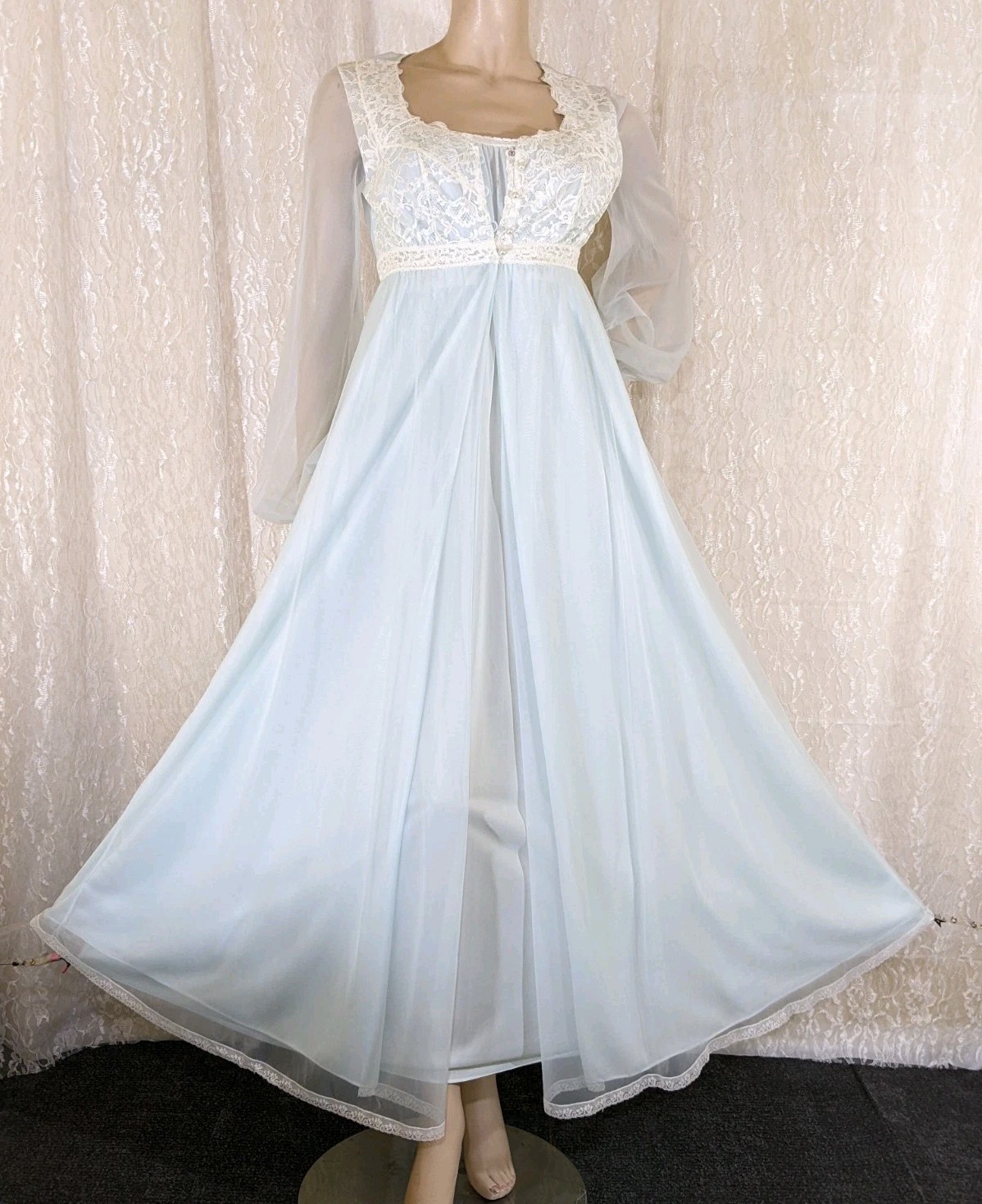 VTG Olga Stretch Full Sweep Lace Lingerie Nightgown Chiffon Peignoir Robe Set S