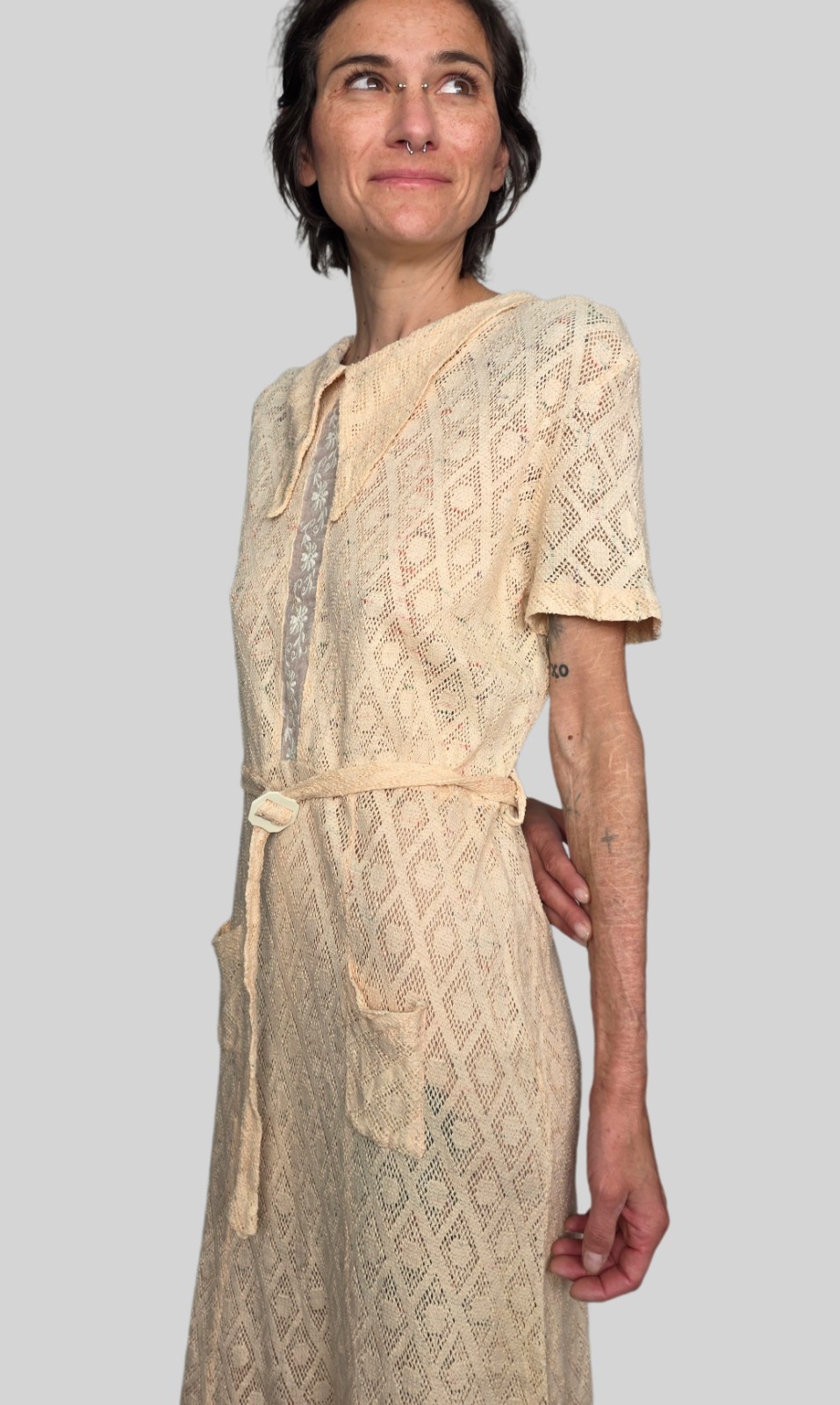 1930s Cotton Lace Day Dress With Peter Pan Collar & Belt