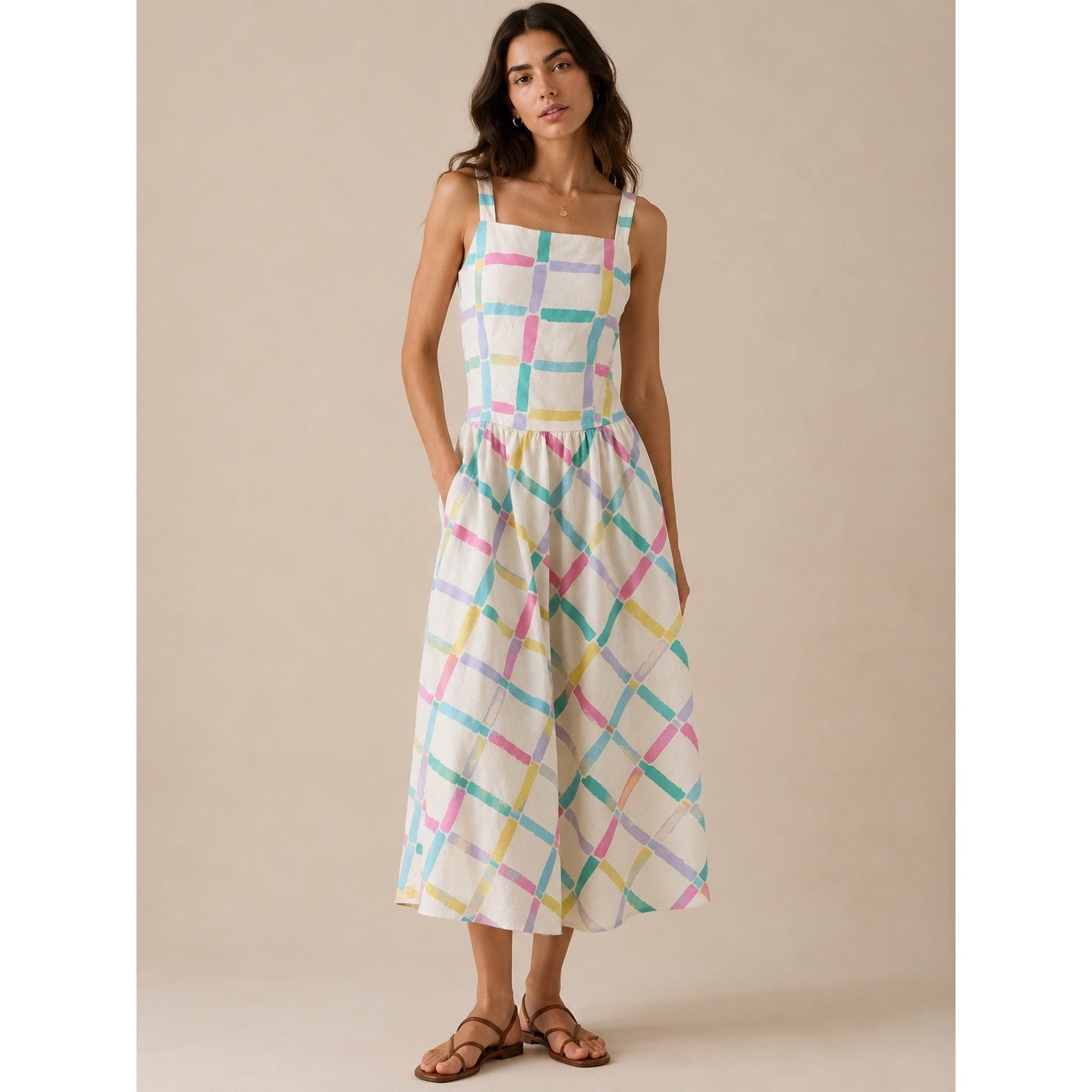 Vintage 80s Sundress Womens 9/10 White Cotton Pastel Geometric Euro Cottagecore
