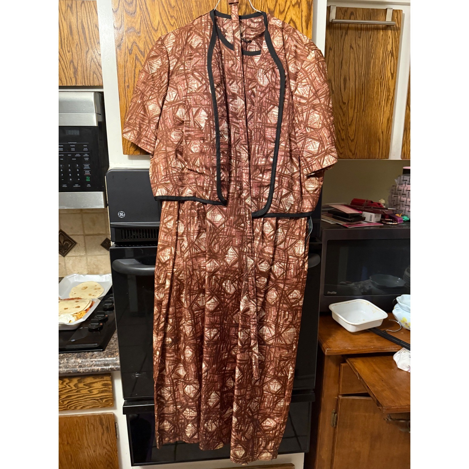 Vintage 50s 60s Abstract Print Dress & Jacket Set Copper Brown MCM Sheath Belted