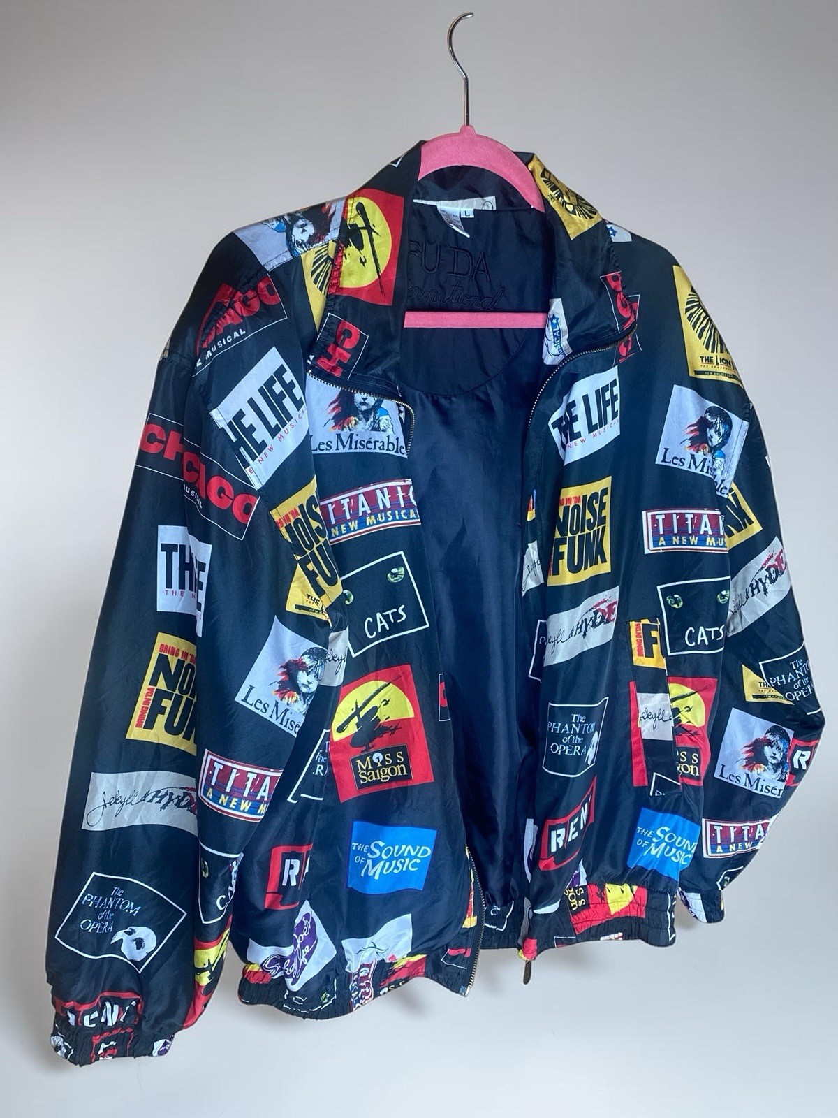 Vintage 90s FU DA Silk Bomber Jacket With Broadway Show Signs , Size Large L