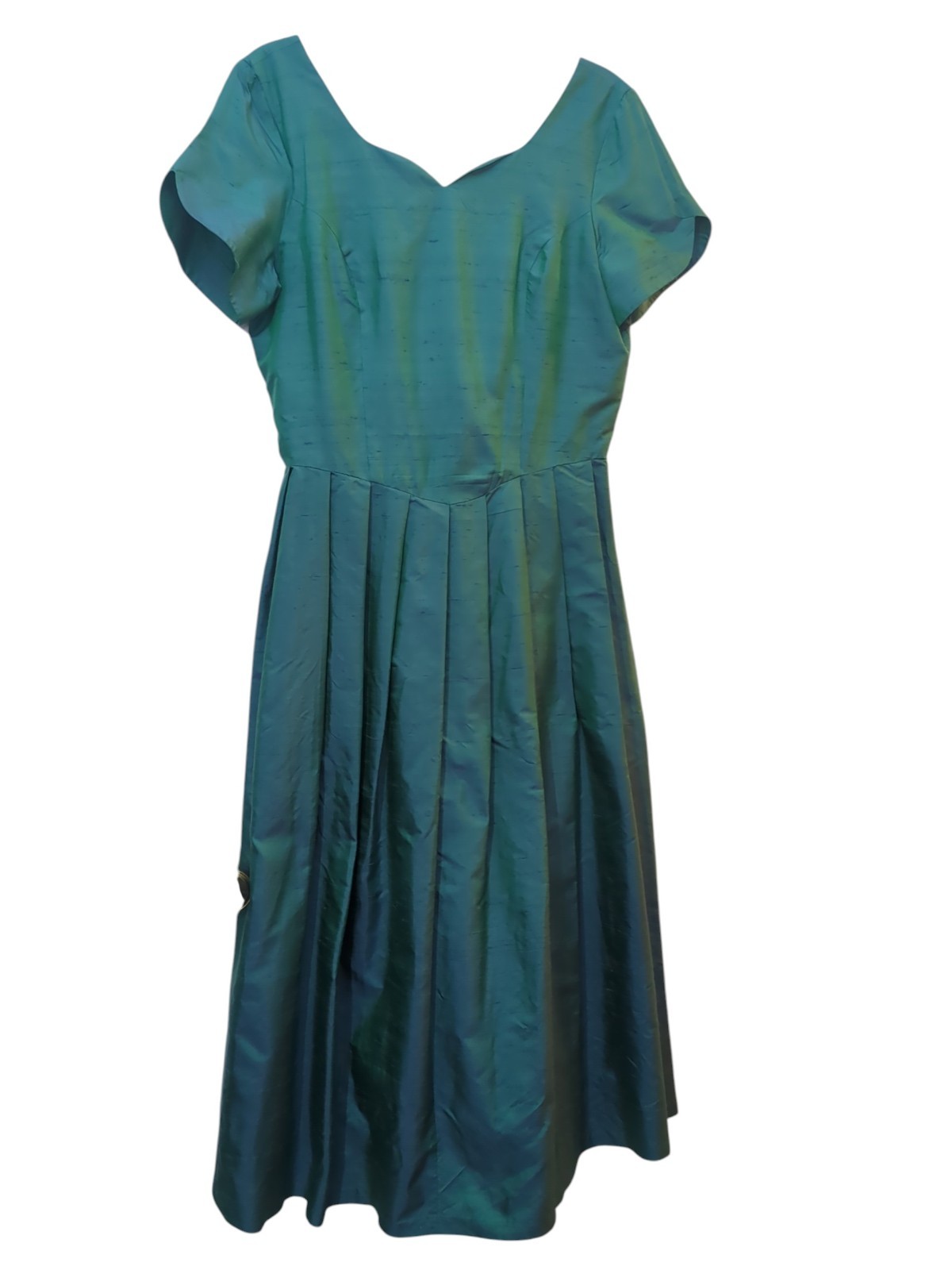 VINTAGE LAURA ASHLEY 100% SILK DUPIONI Iridescent Peacock Fit &Flare Dress US 12