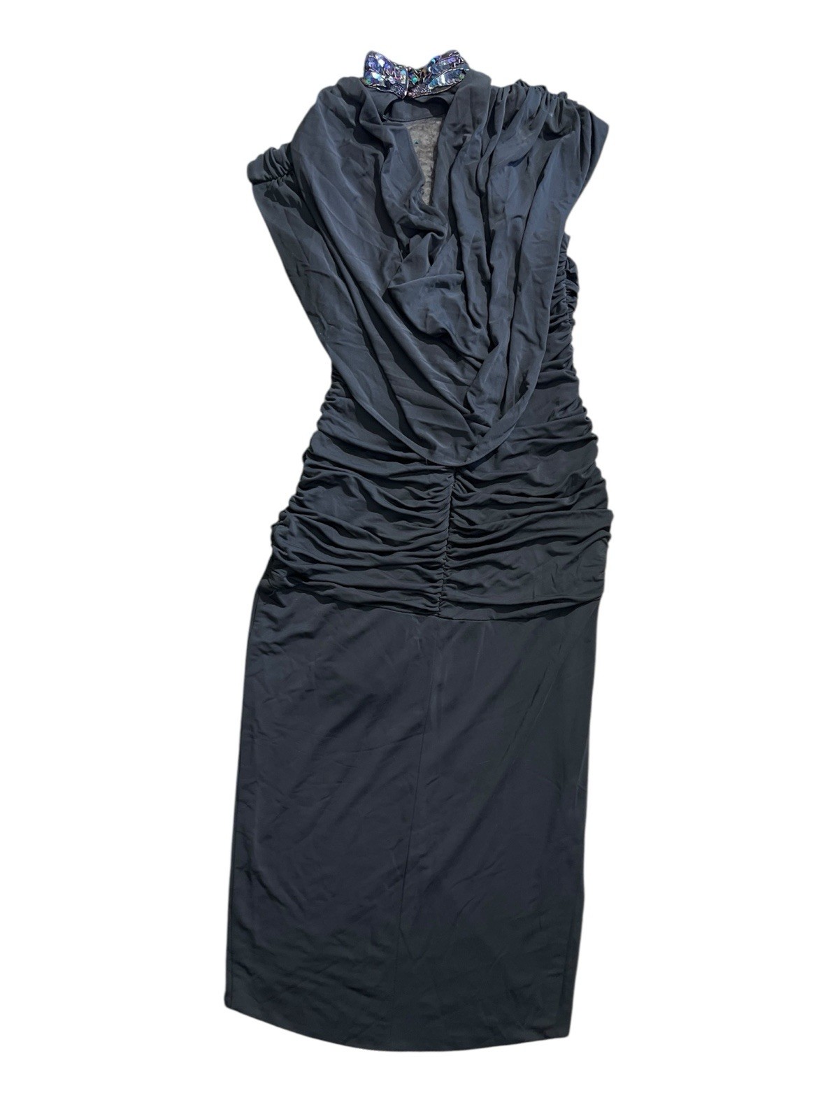 Vtg Casadei Black Beaded Runched Dress Plunging Neckline Sz 8