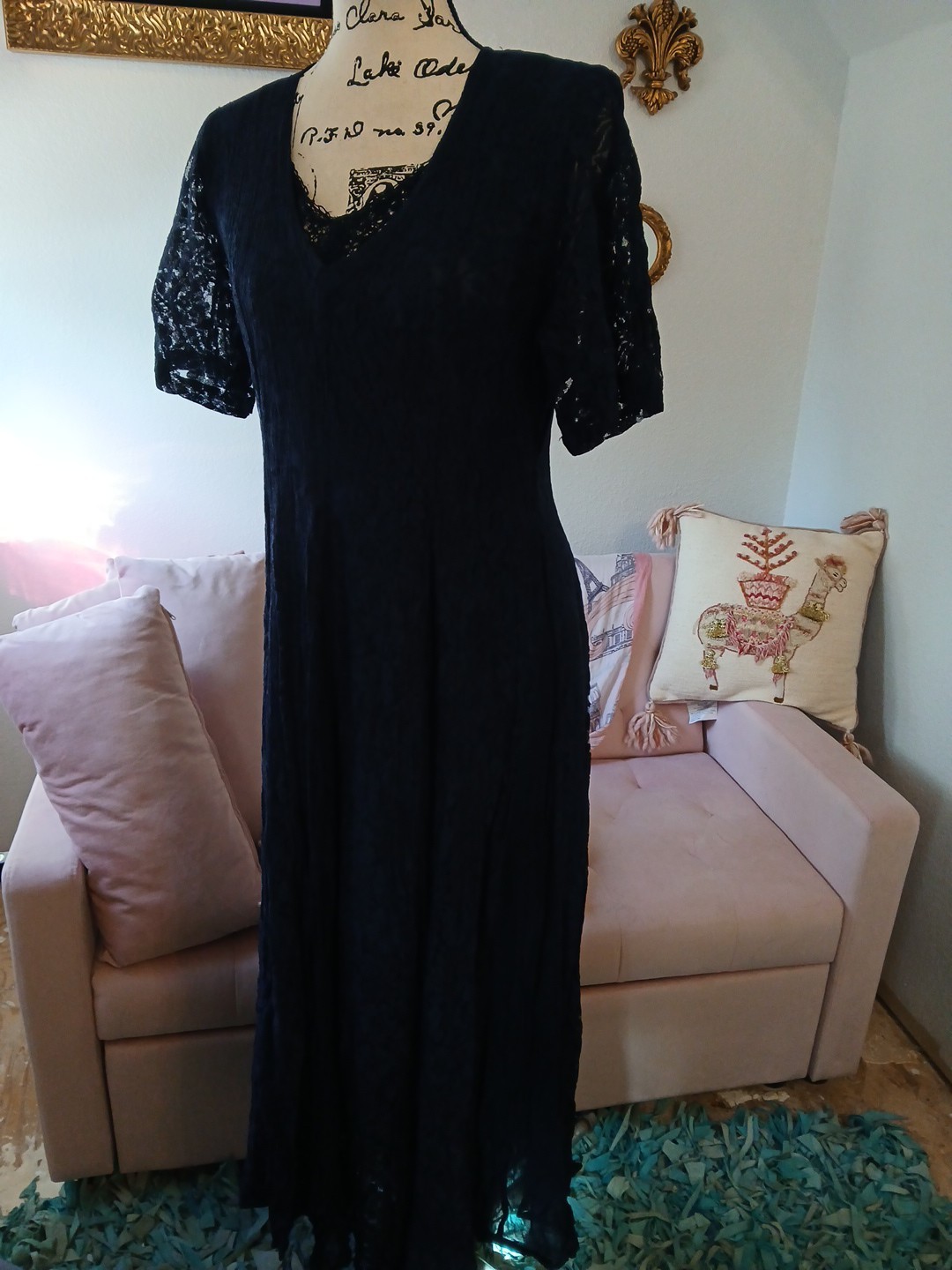 Large Vintage Nostalgia Navy Blue Flower Lace Overlay Maxi Dress Shoulder Pads
