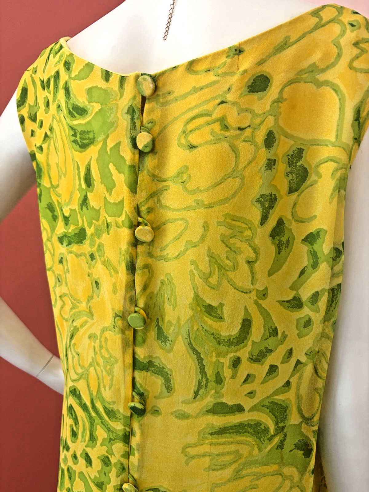 VTG 60s Mod Shift Dress abstract Yellow Green Floral Print chiffon A-Line S/M