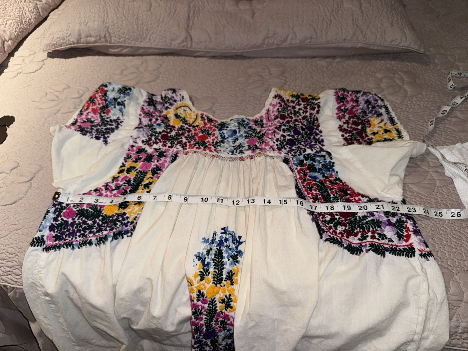 Vintage Oaxacan Mexican 70&rsquo;s Long Dress Off White Cotton Embroidered Floral Sz L