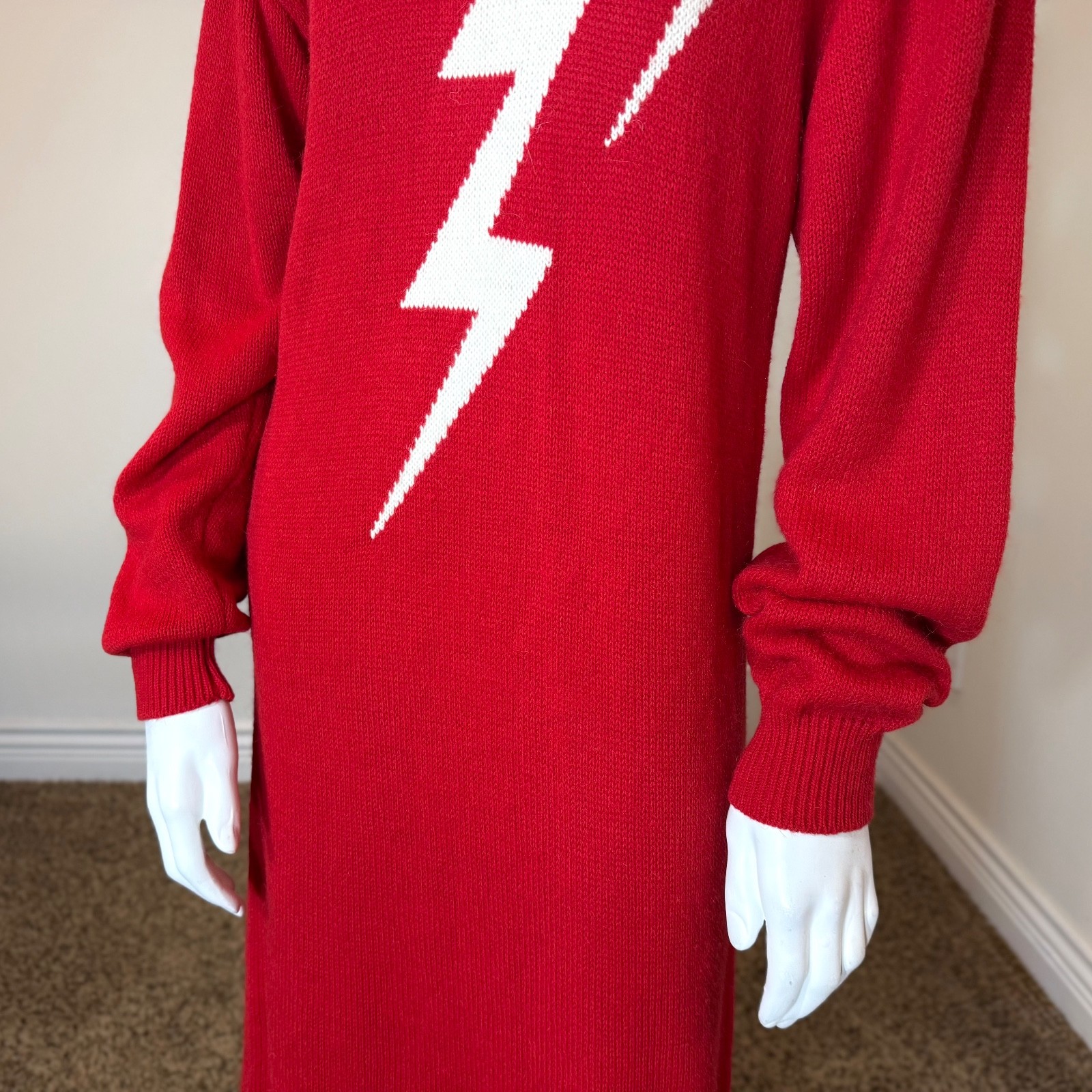 Vintage 80’s LIGHTNING BOLT SWEATER DRESS M Turtleneck Red Long Sleeved Intarsia