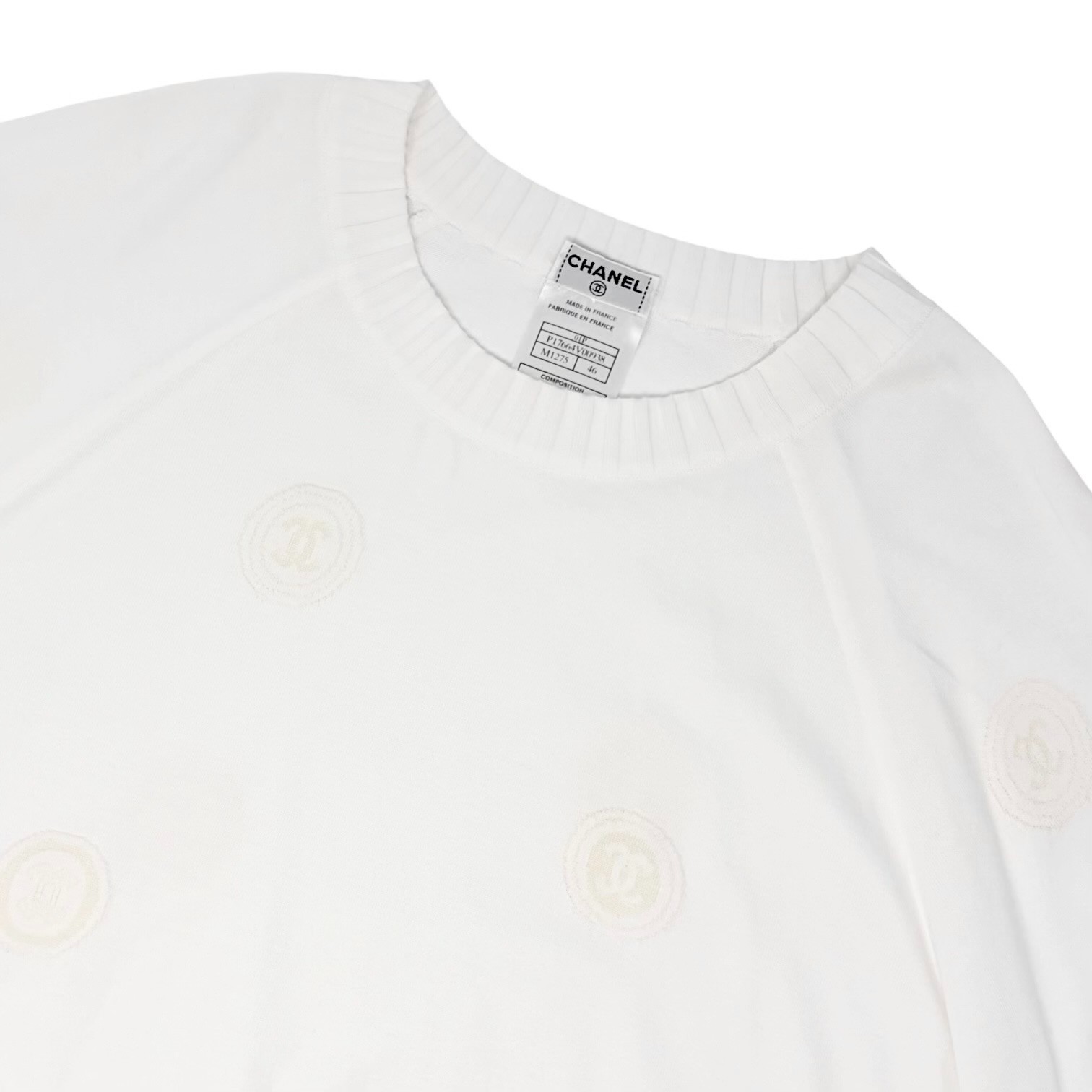 CHANEL Vintage 01P CC Logo Stamp Knit Sweater Top #46 White Pullover 902032