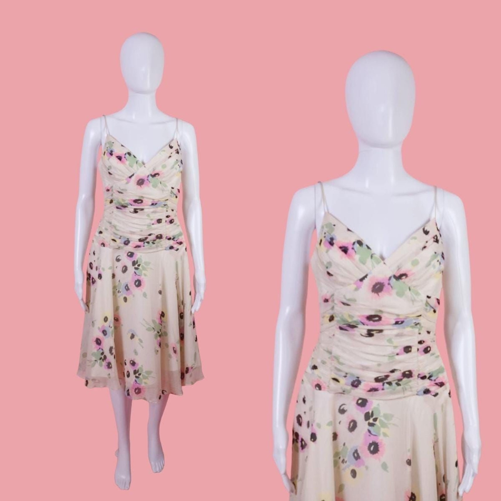 Y2K BETSEY JOHNSON New York Floral Silk Dress W/Ruched Bodice. Small-Medium