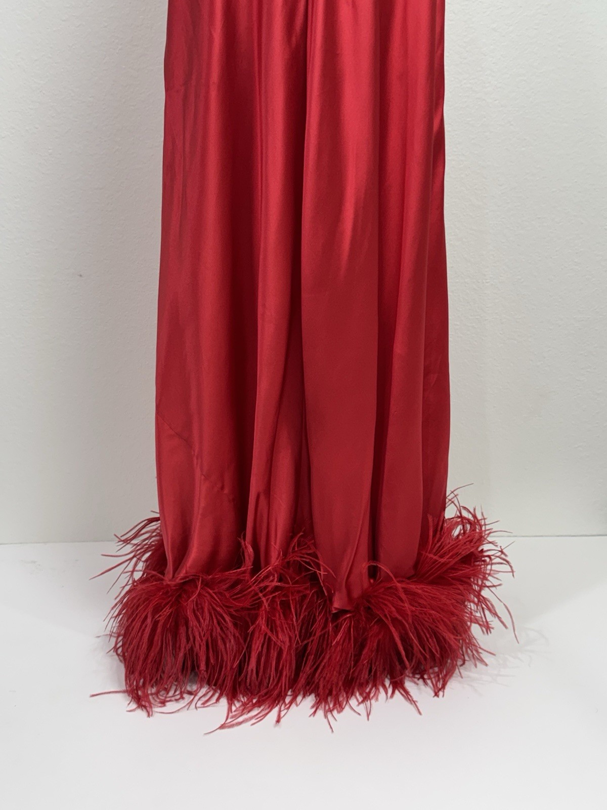 Vtg Jacalyn Bennett Fredericks Silky Red Satin Boudoir Gown Feather Trim S/M